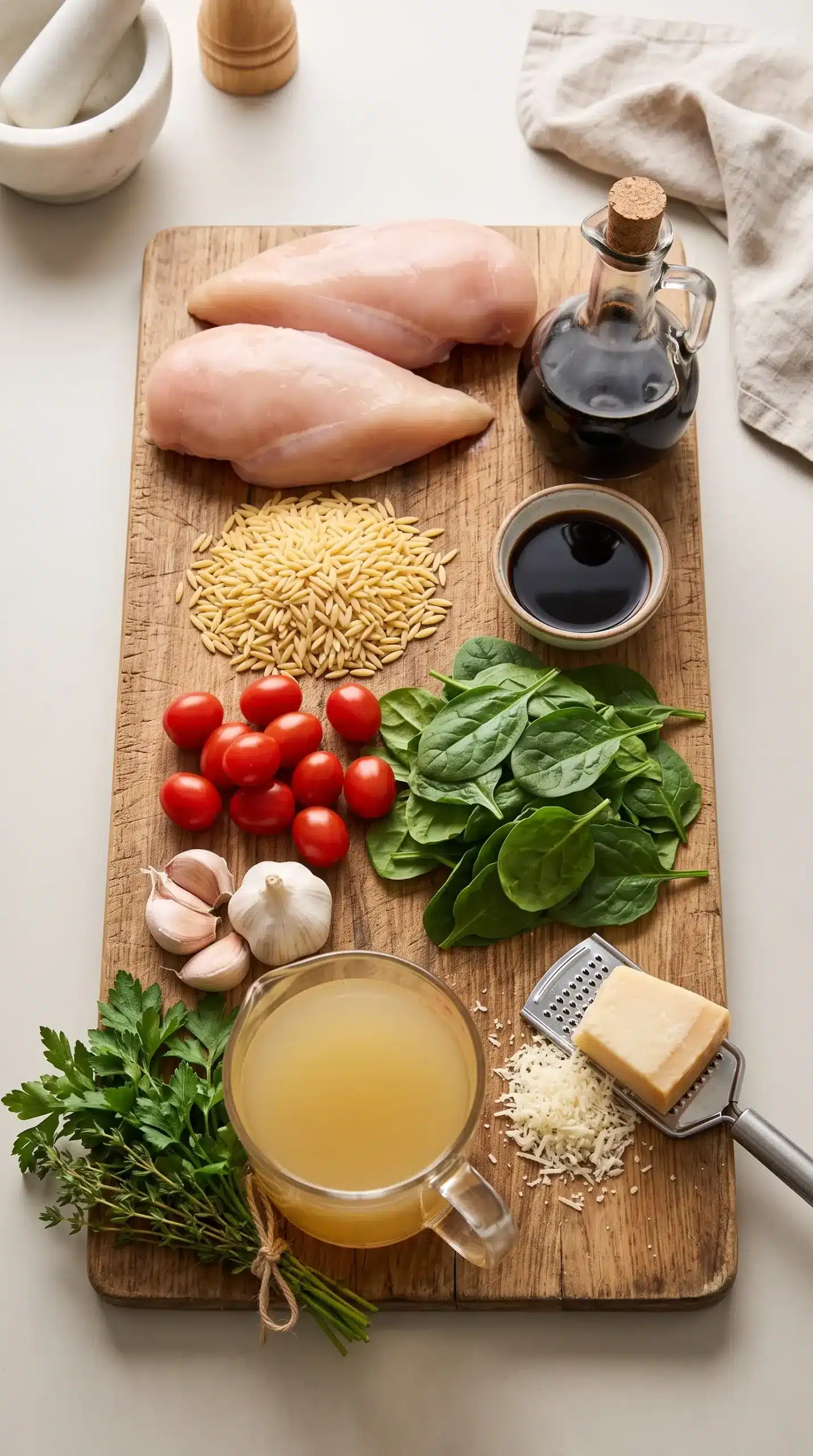 Ingredients for balsamic chicken orzo including chicken, orzo, spinach, tomatoes, and balsamic vinegar
