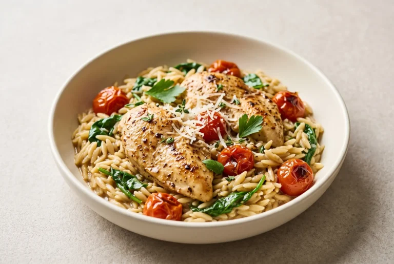 Balsamic chicken orzo with spinach, tomatoes, and tender chicken served in a bowl