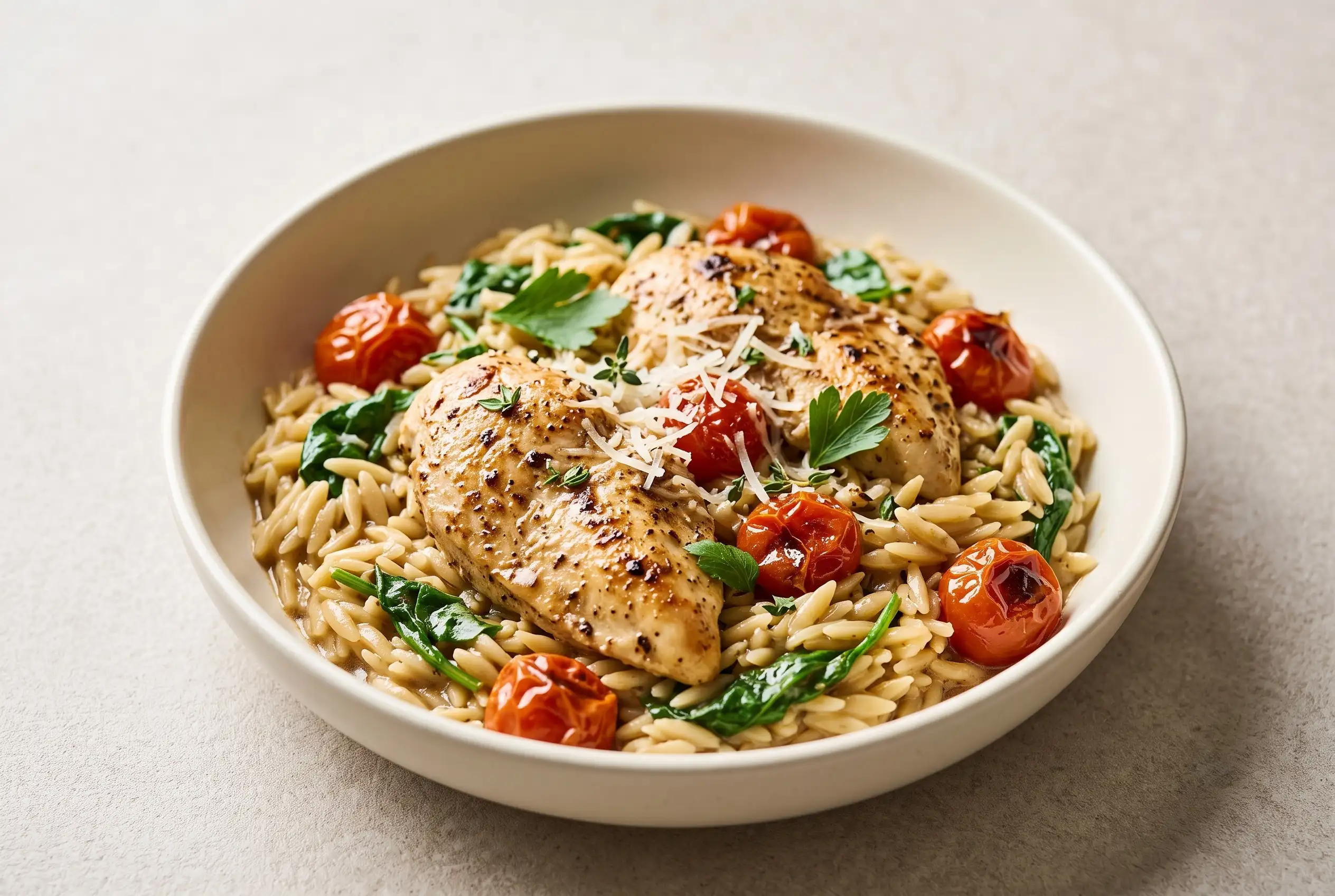 Balsamic chicken orzo with spinach, tomatoes, and tender chicken served in a bowl