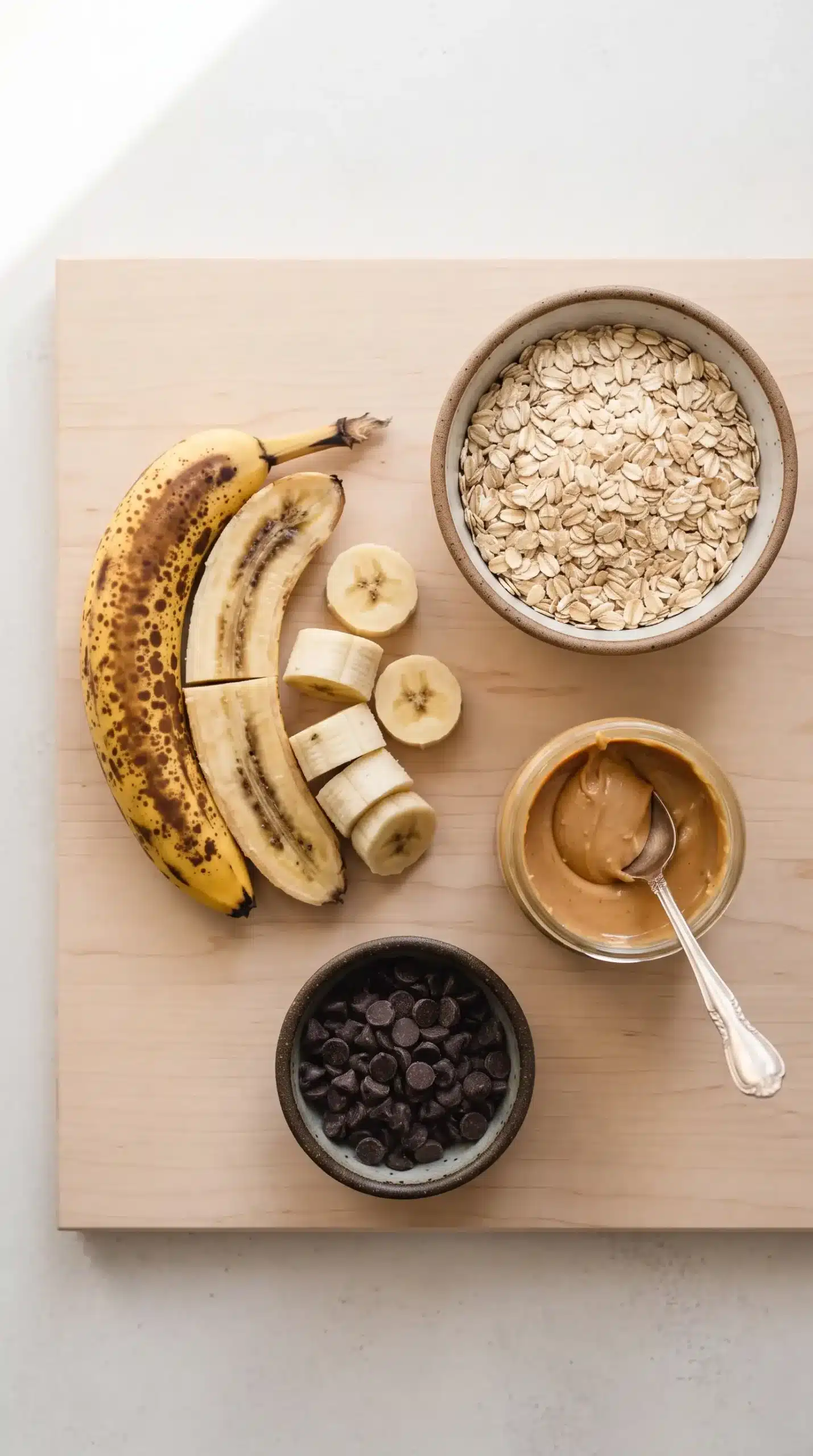 Ripe bananas, rolled oats, peanut butter, and chocolate chips prepared for banana bars.