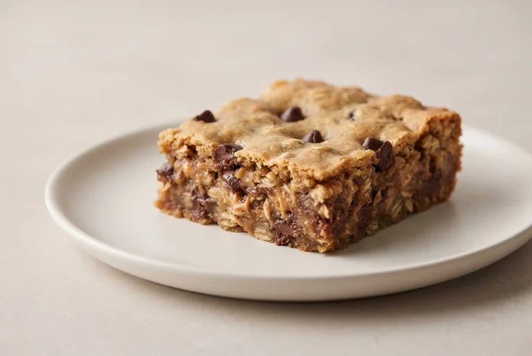 Thick banana bars with peanut butter and chocolate chips showing a soft chewy oat texture.