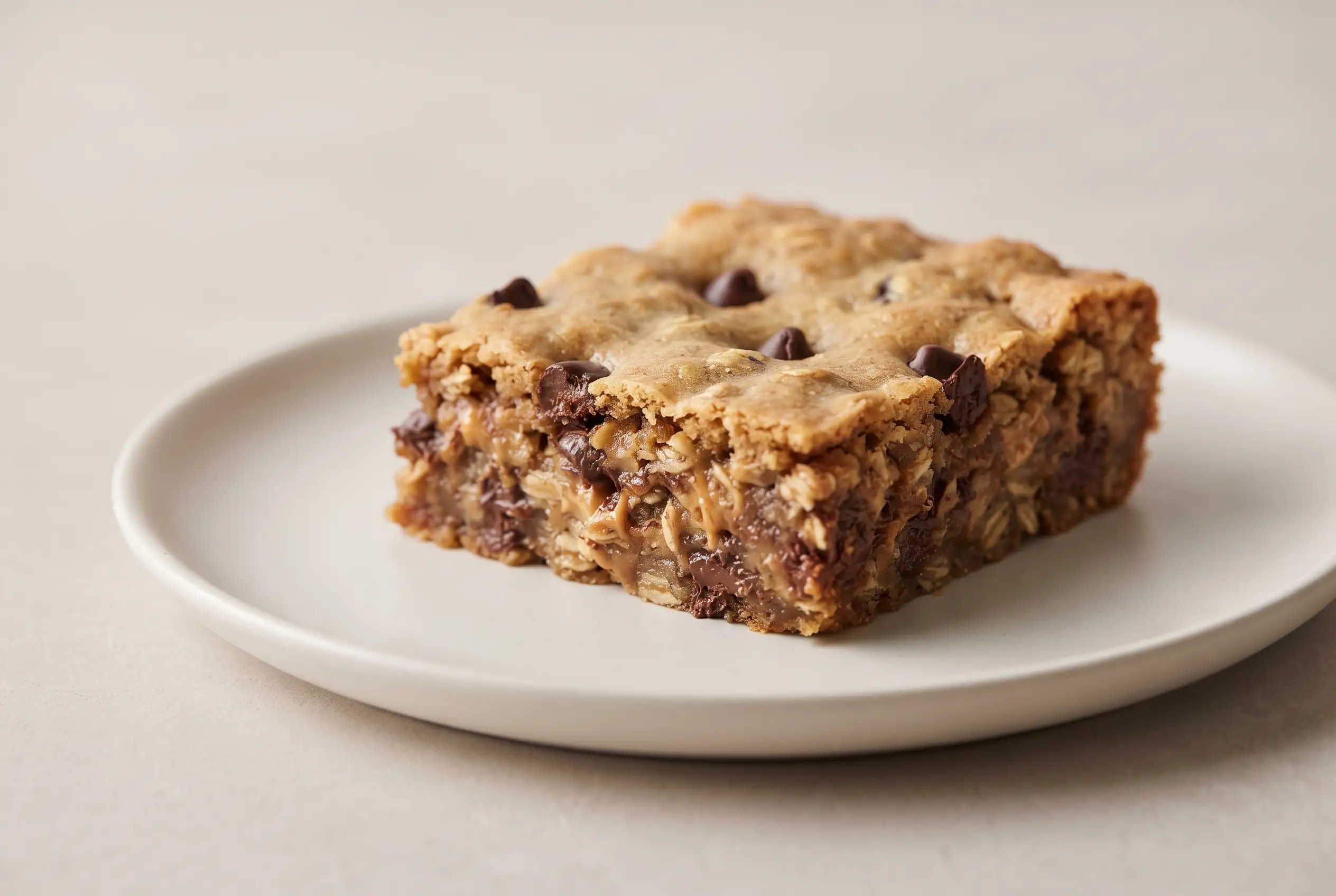 Thick banana bars with peanut butter and chocolate chips showing a soft chewy oat texture.