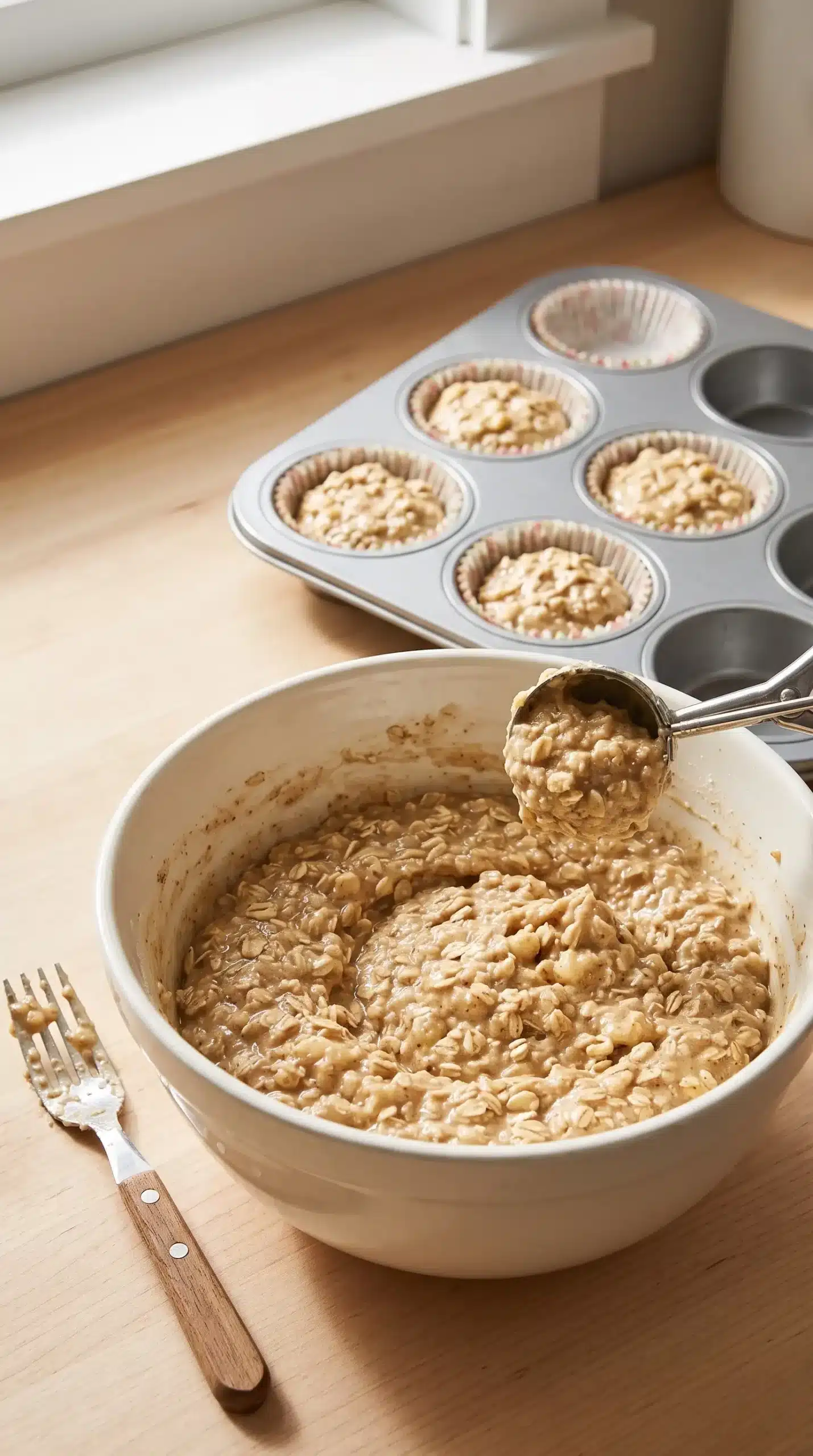 Banana oat muffin batter being mixed and portioned into a muffin pan