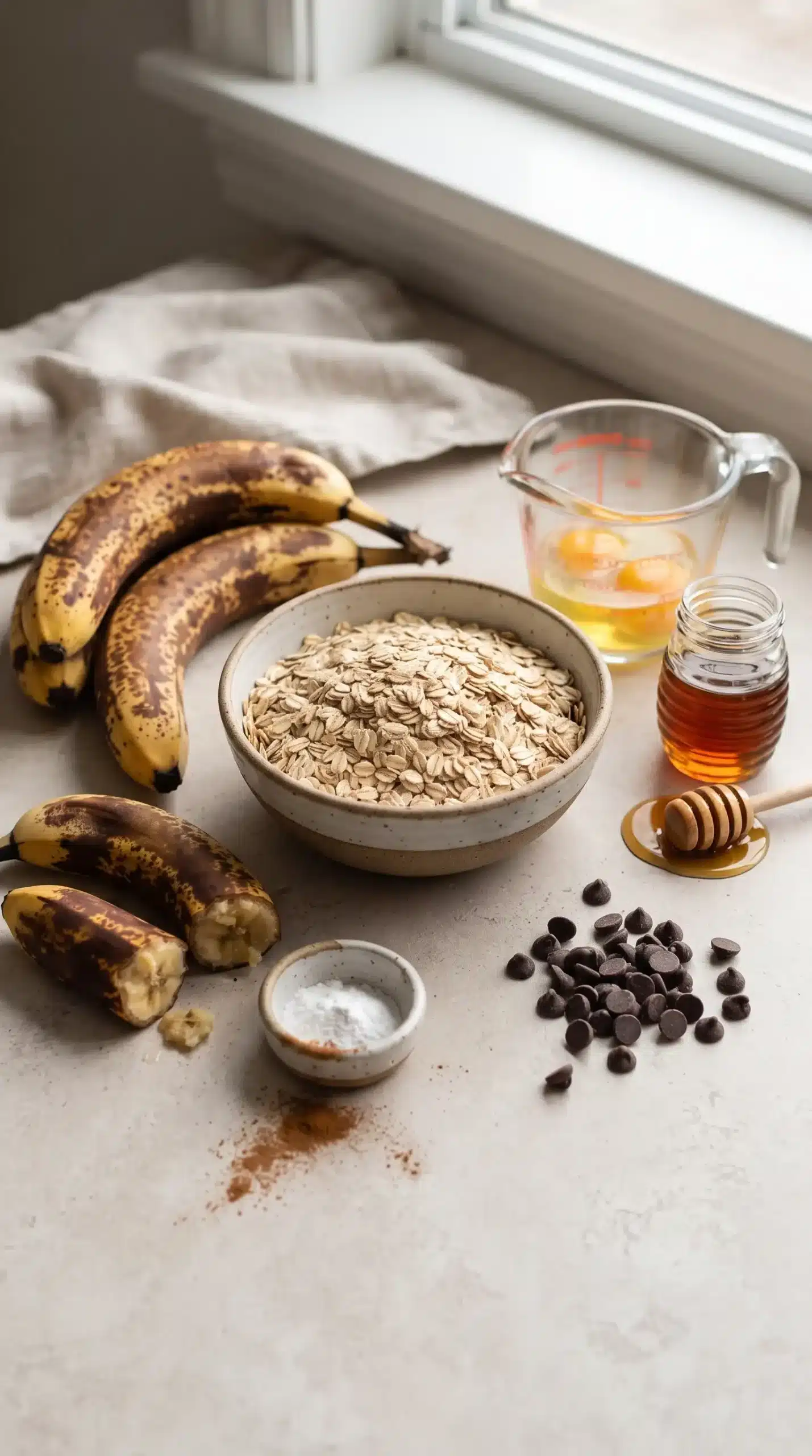 Ripe bananas, rolled oats, and baking ingredients for banana oatmeal bars