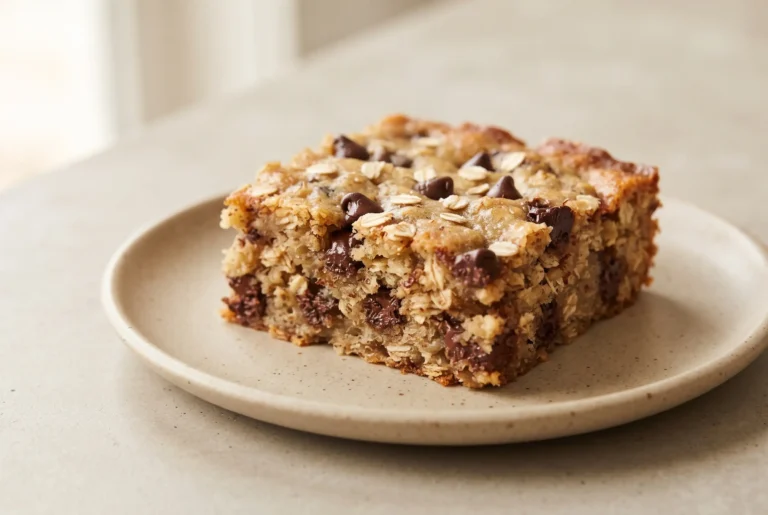 Banana oatmeal bars with rolled oats showing a soft chewy texture on a ceramic plate