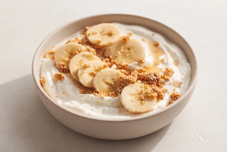 Banana pudding yogurt bowl with creamy yogurt, banana slices, and graham cracker topping