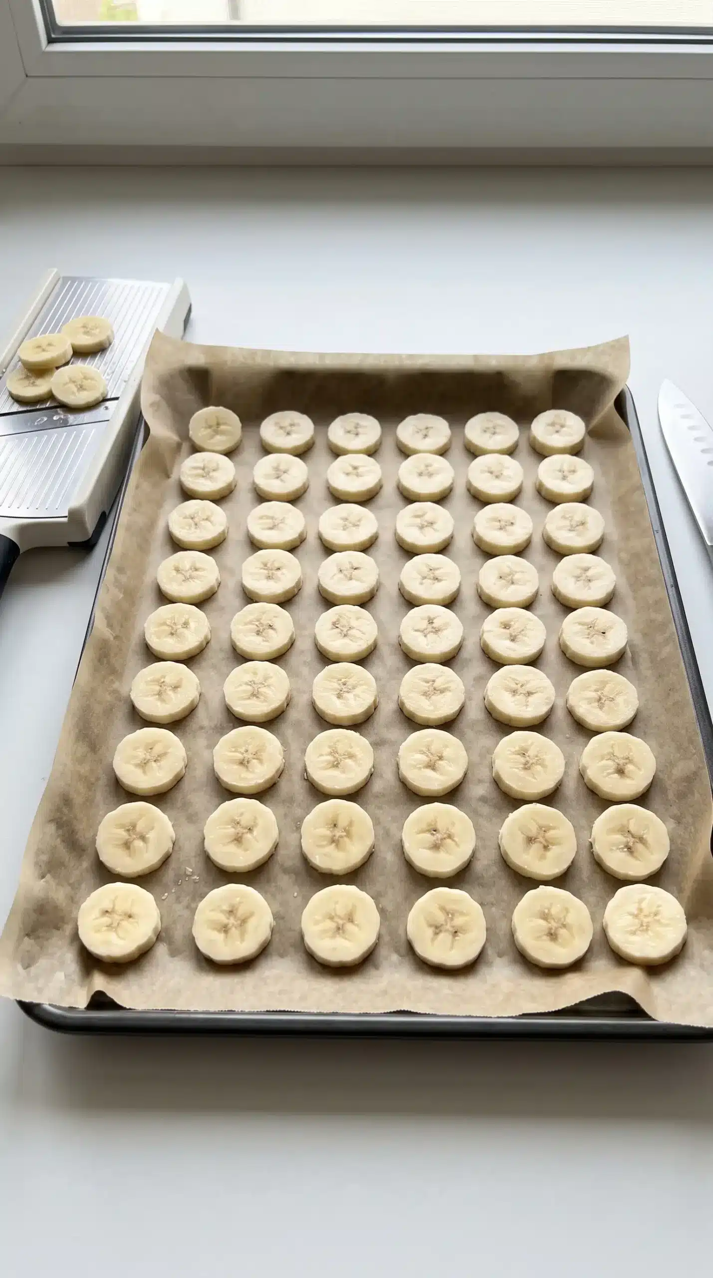 Thin banana slices arranged on a baking sheet before oven drying