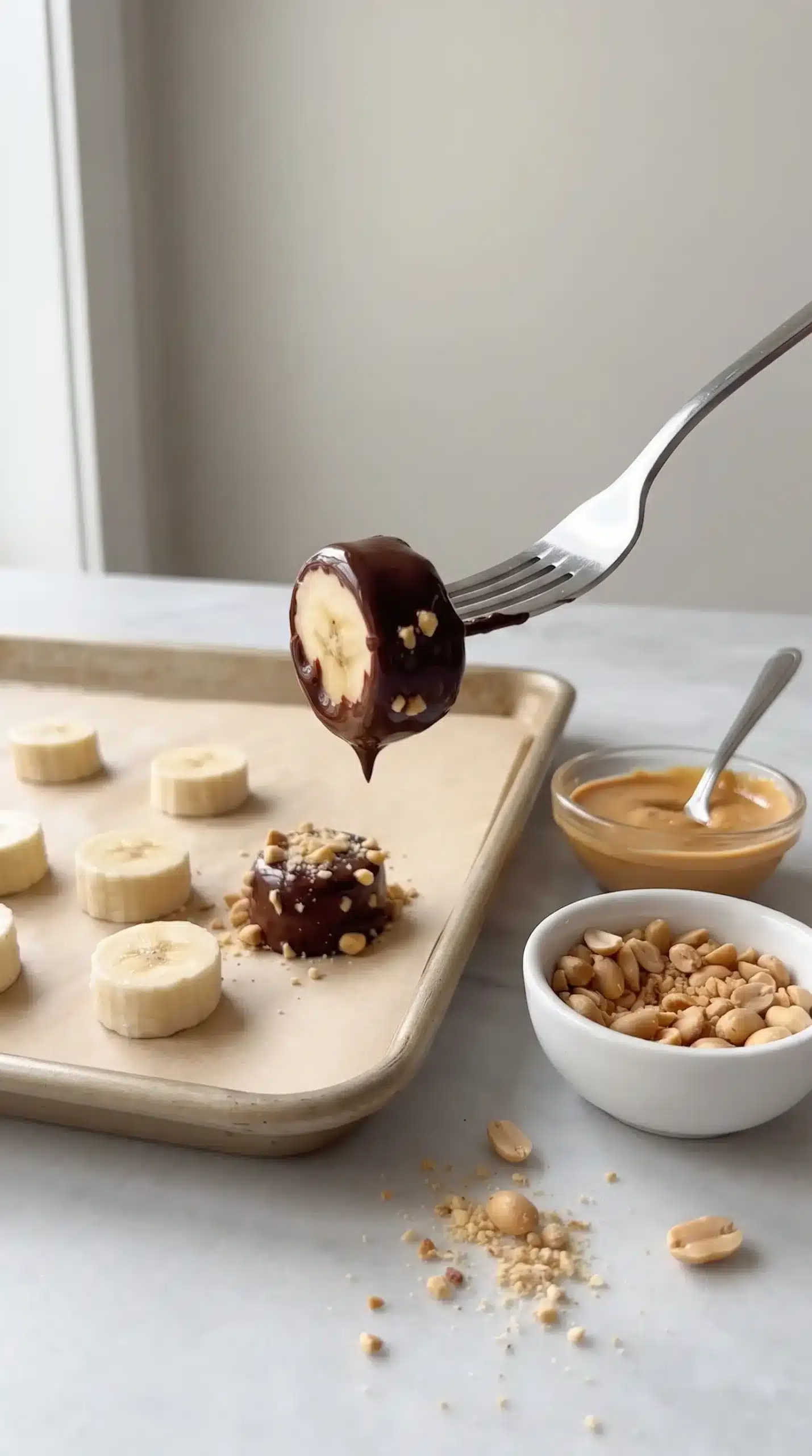Banana slice dipped in chocolate during assembly with peanuts and peanut butter nearby