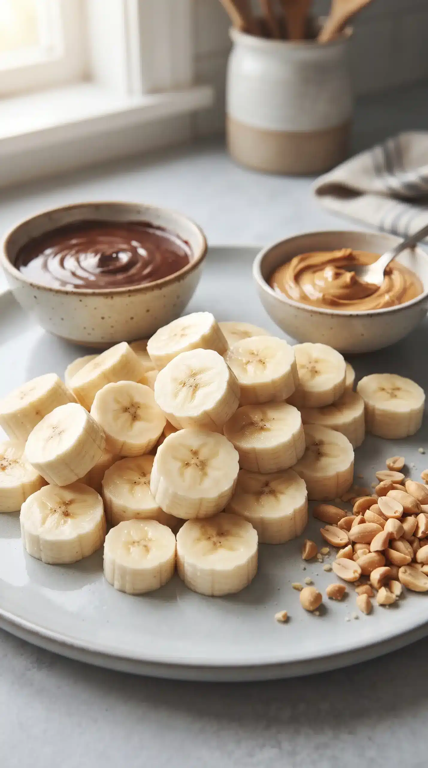 Ripe banana slices with chocolate, peanut butter, and chopped peanuts for frozen bites