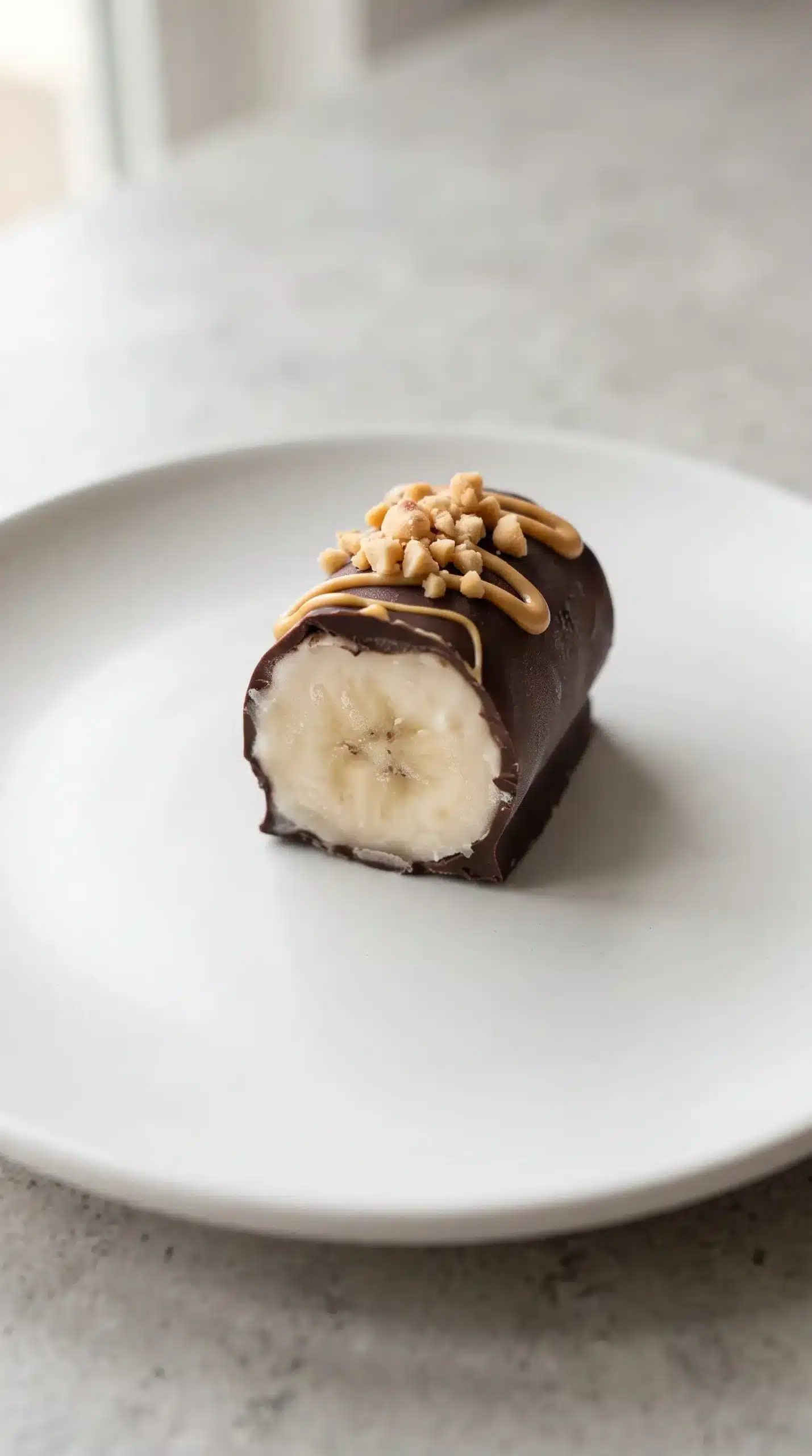 Frozen banana bite showing chocolate shell, creamy center, peanut butter, and peanuts