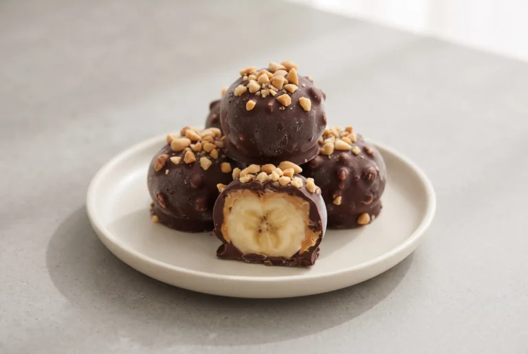 Banana Snickers frozen bites with chocolate, peanut butter, and chopped peanuts on a plate