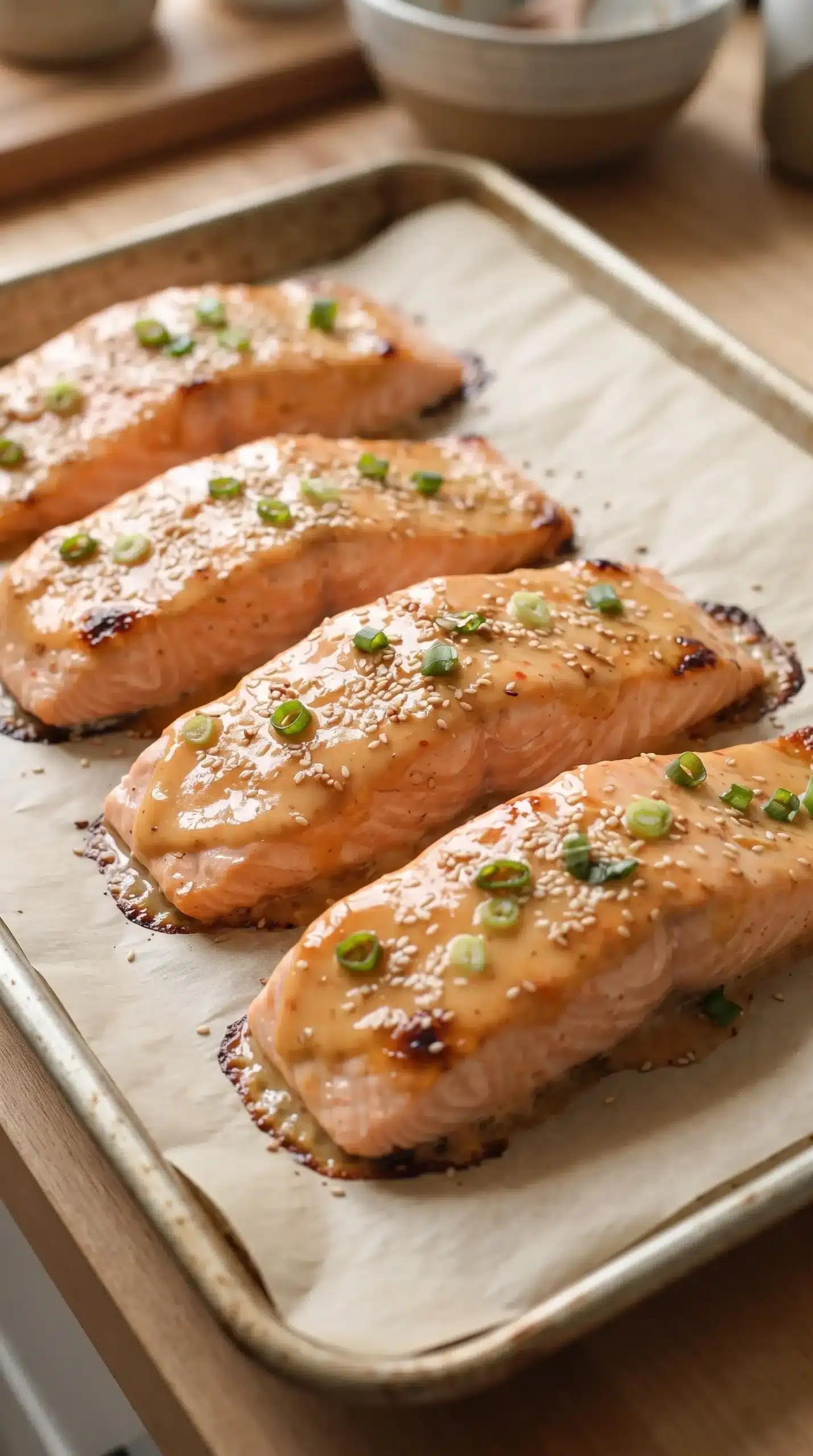 Salmon fillets topped with creamy bang bang sauce on a baking sheet before cooking