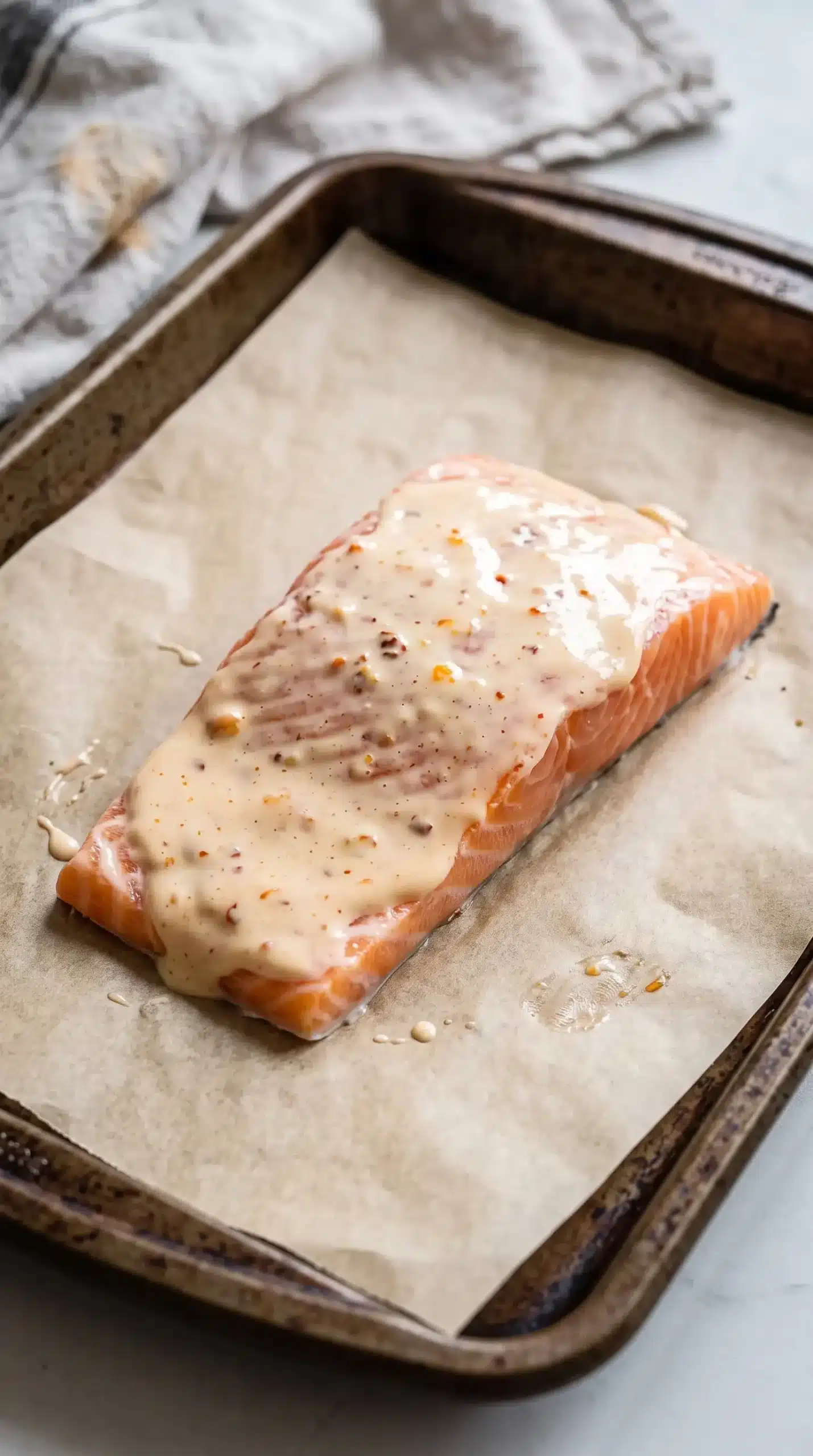 Salmon fillet coated with bang bang sauce on a baking tray before cooking