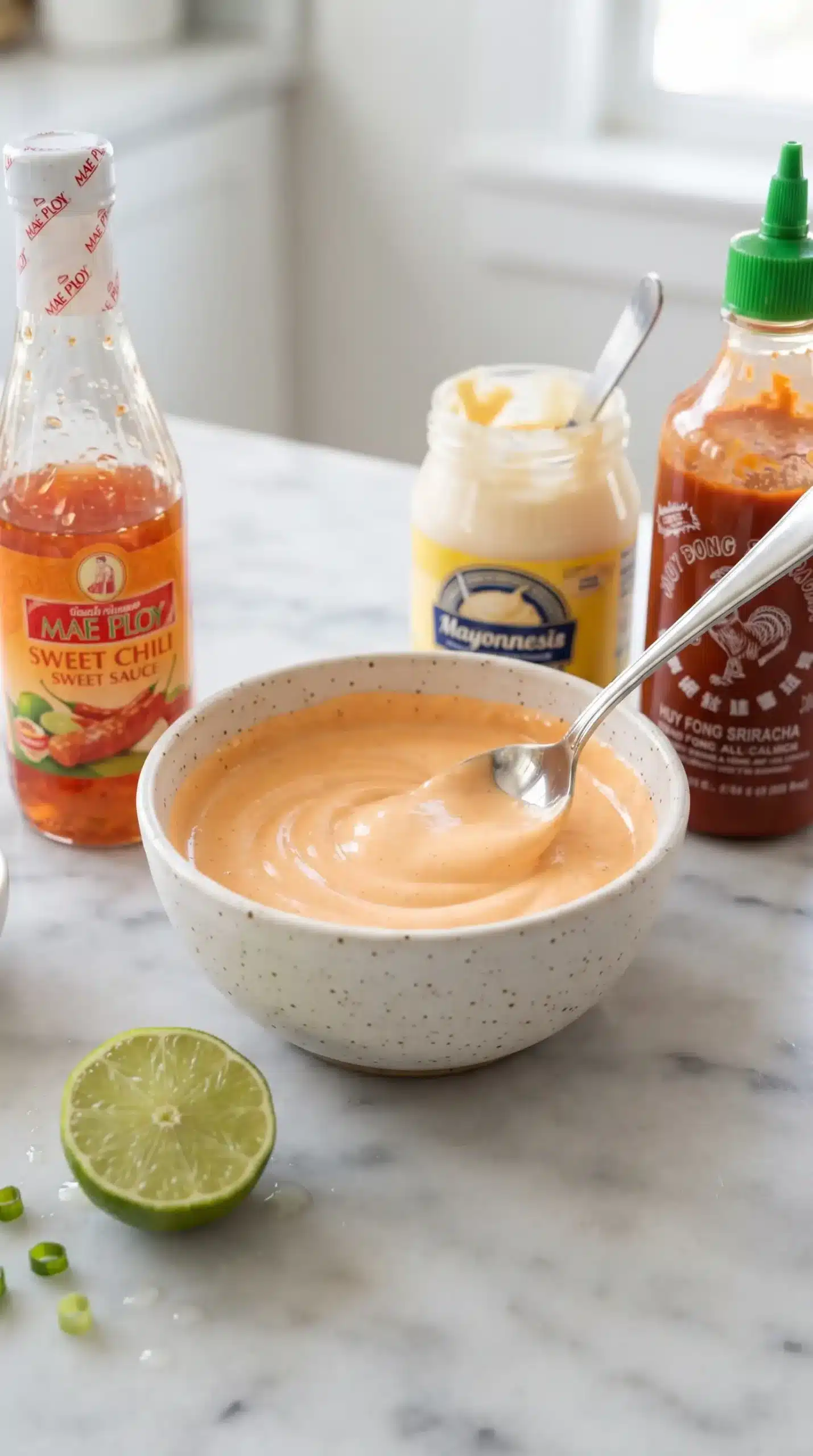 Creamy bang bang salmon sauce with sweet chili sauce, sriracha, mayonnaise, and lime juice
