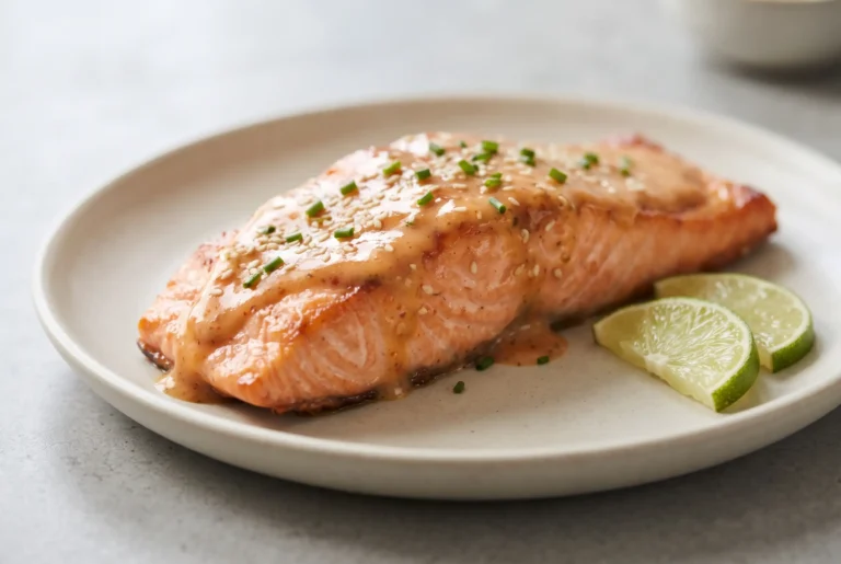 Easy bang bang salmon fillet with creamy sweet chili sauce and lime garnish on a plate