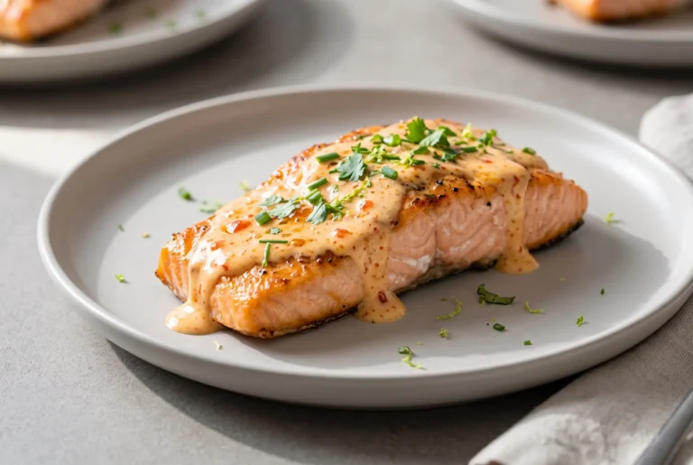 Bang bang salmon fillet with creamy sweet chili sauce served on a plate