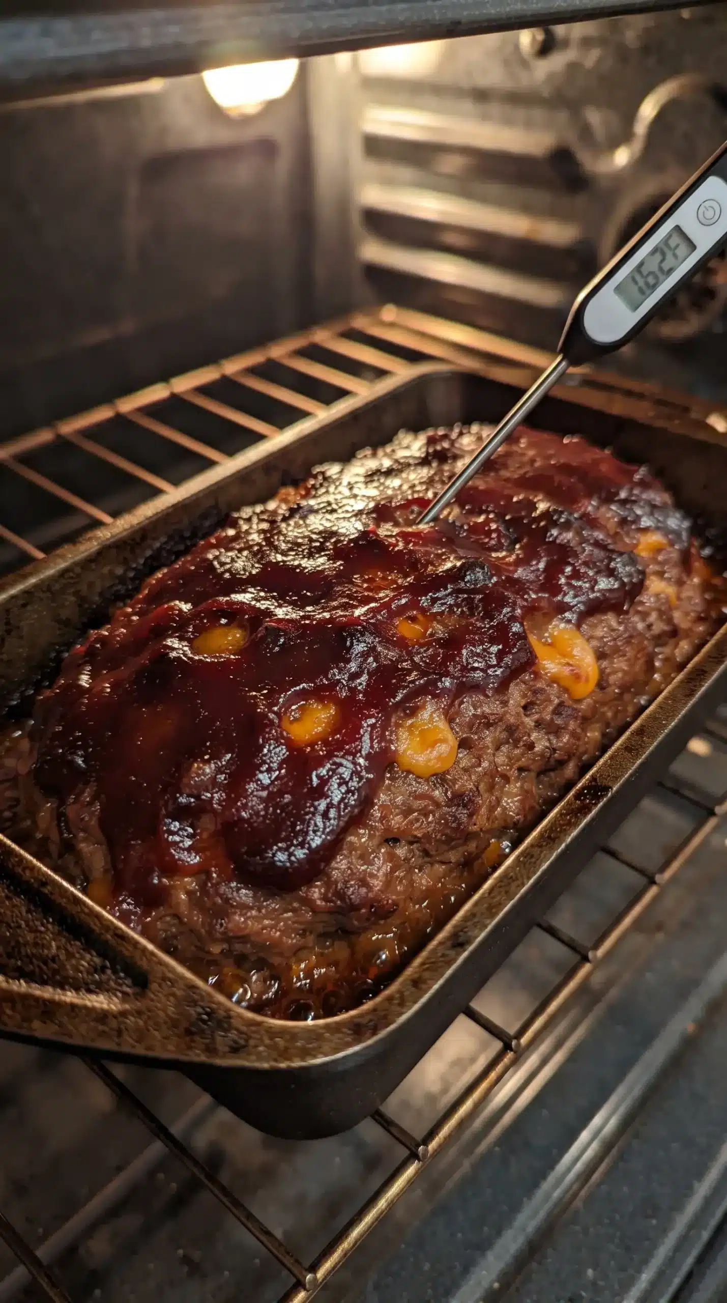 BBQ Cheddar Meatloaf baking with barbecue sauce glaze and melted cheddar inside