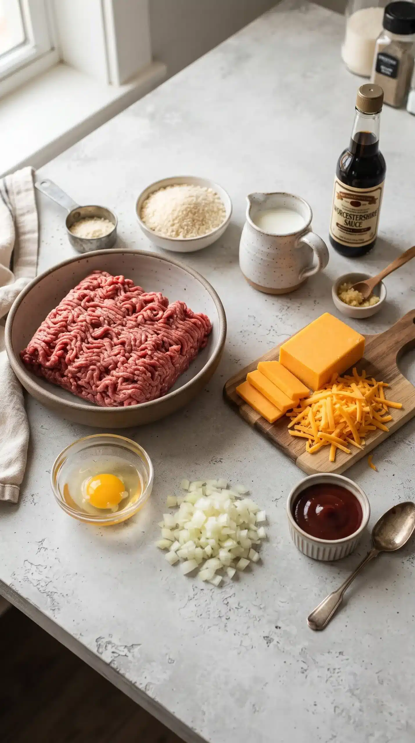 Ingredients for BBQ Cheddar Meatloaf including ground beef, cheddar cheese, onion, and barbecue sauce
