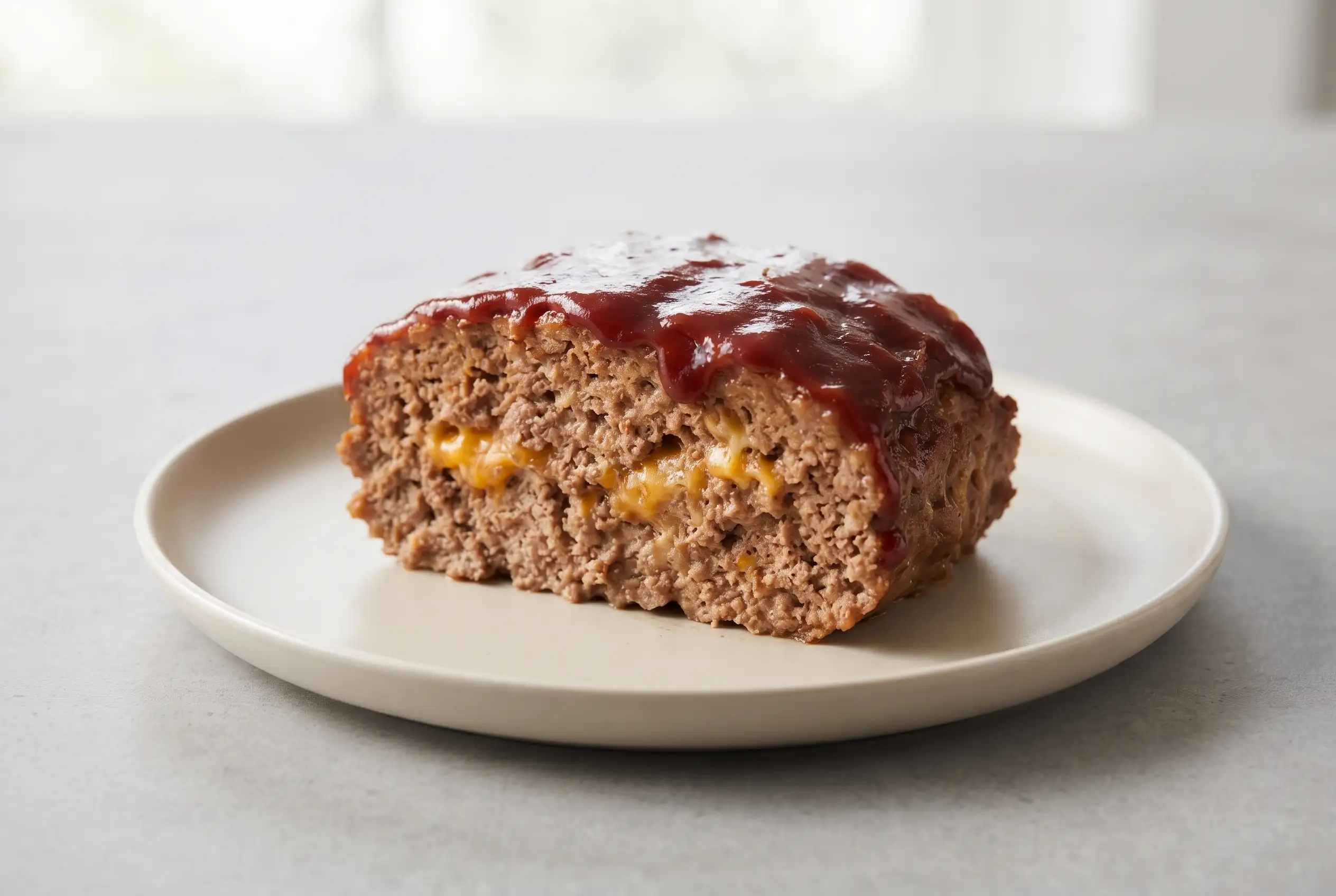 Slice of bbq cheddar meatloaf with melted cheddar cheese and BBQ sauce glaze on a plate