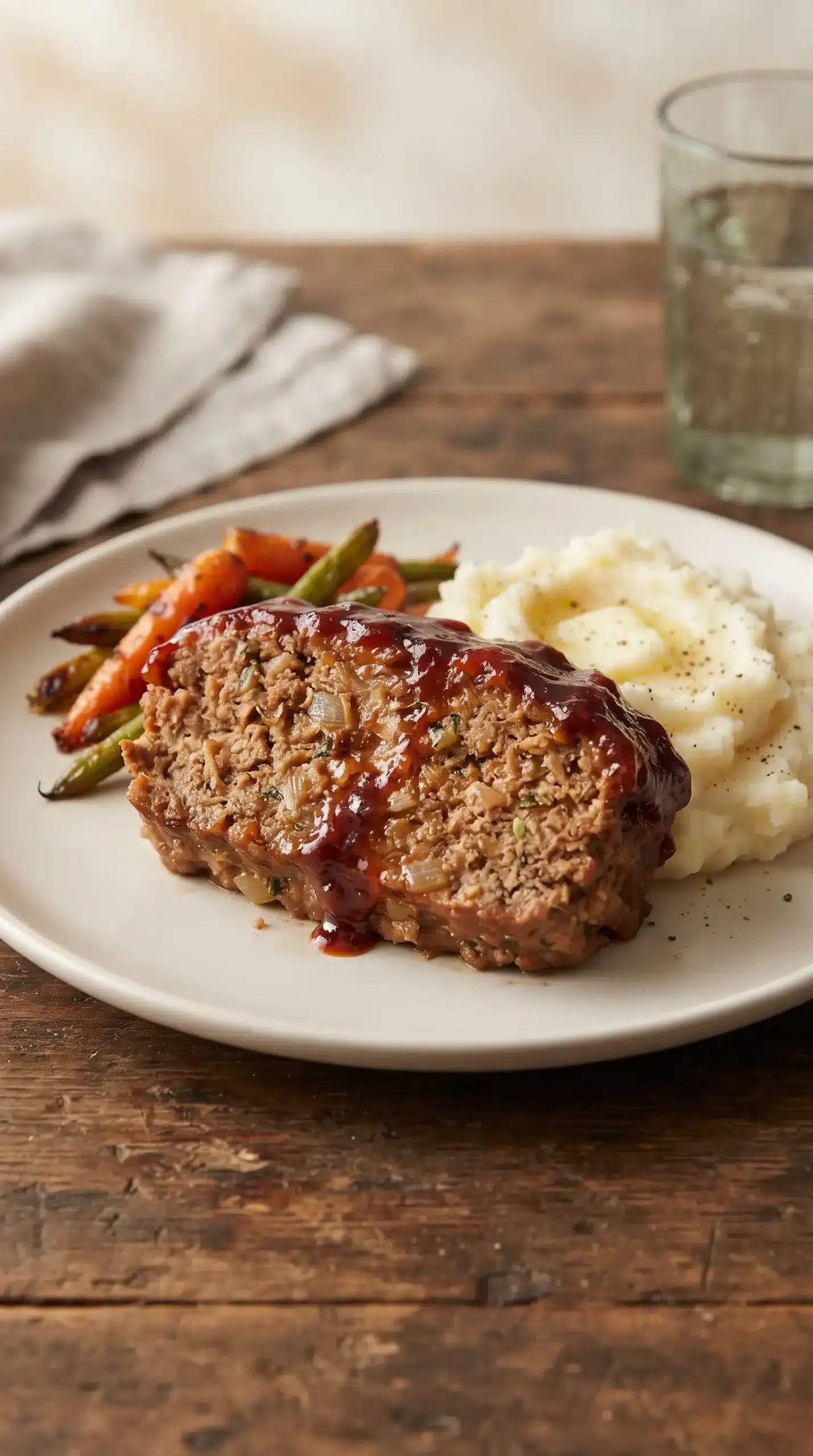 Serving of BBQ meatloaf with sweet glaze, mashed potatoes, and roasted vegetables