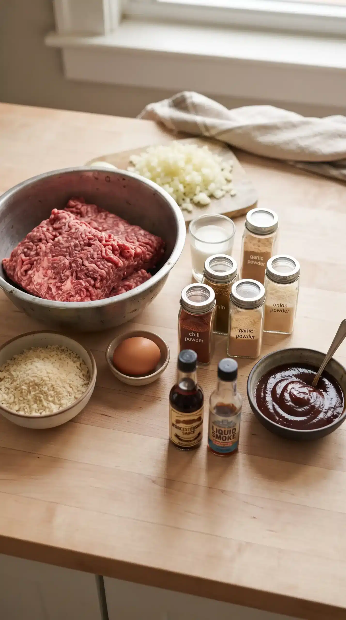 Ingredients for BBQ meatloaf including ground beef, seasonings, breadcrumbs, and barbecue sauce