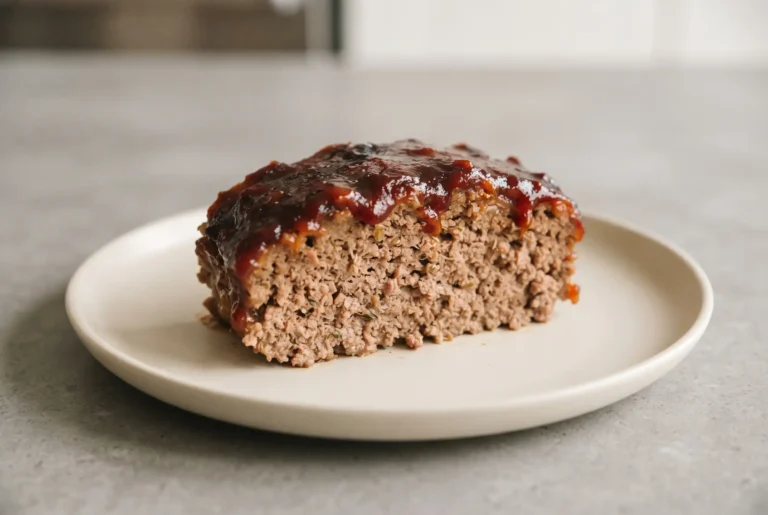 Slice of BBQ meatloaf with sweet barbecue glaze served on a plate