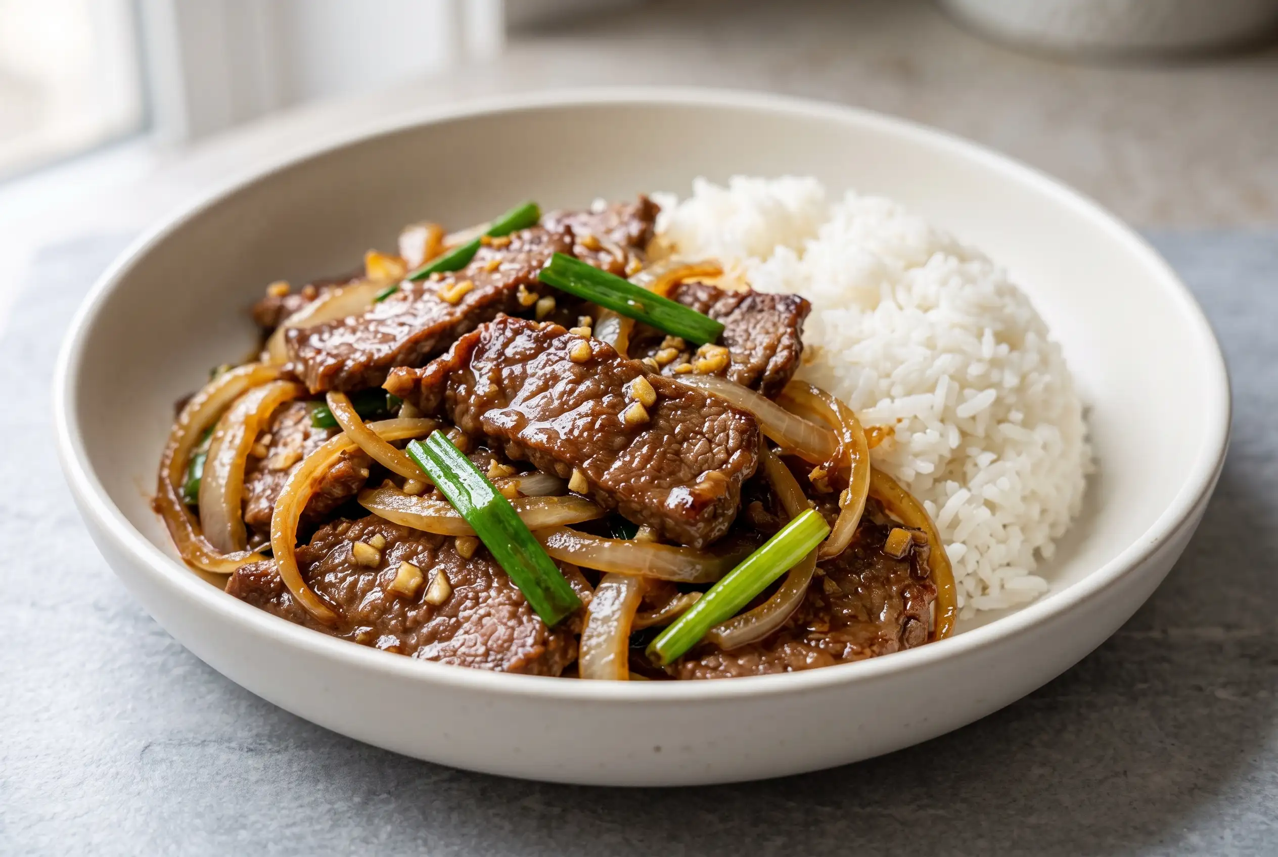 Beef and onion stir fry with savory sauce served with fluffy white rice