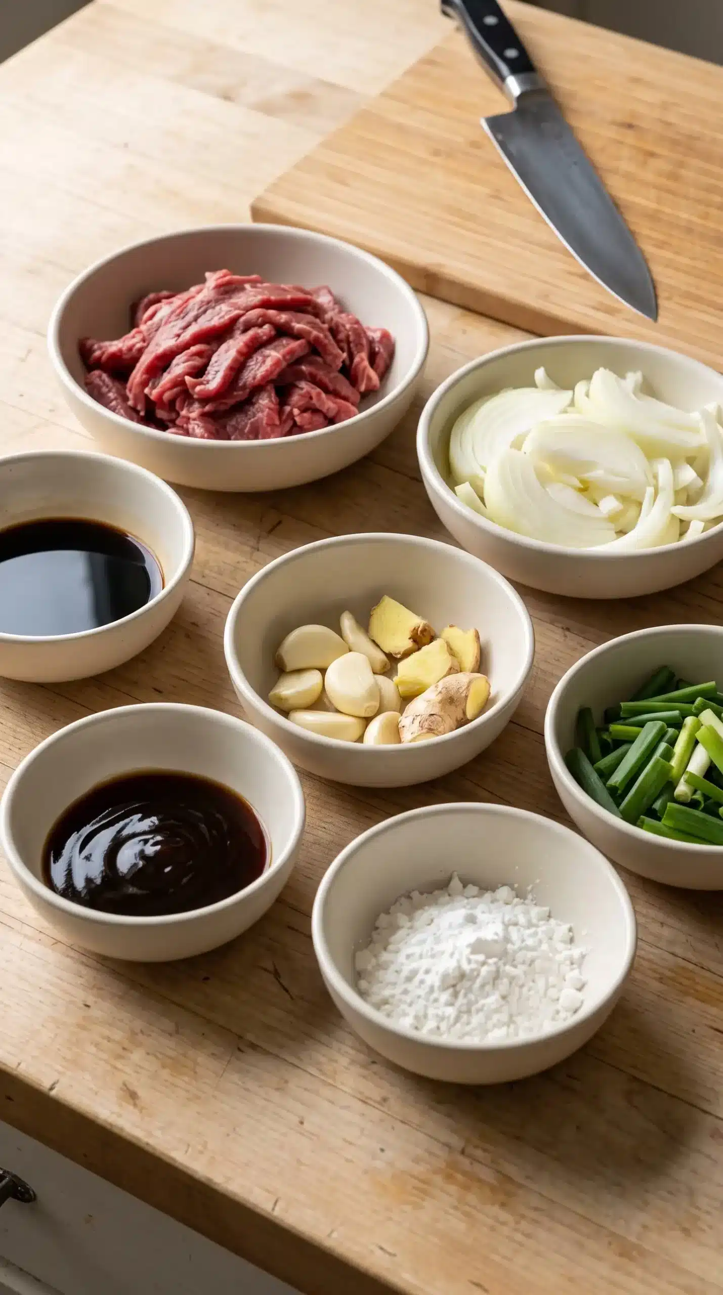 Sliced beef, onions, garlic, ginger, and stir fry sauce ingredients prepared for cooking