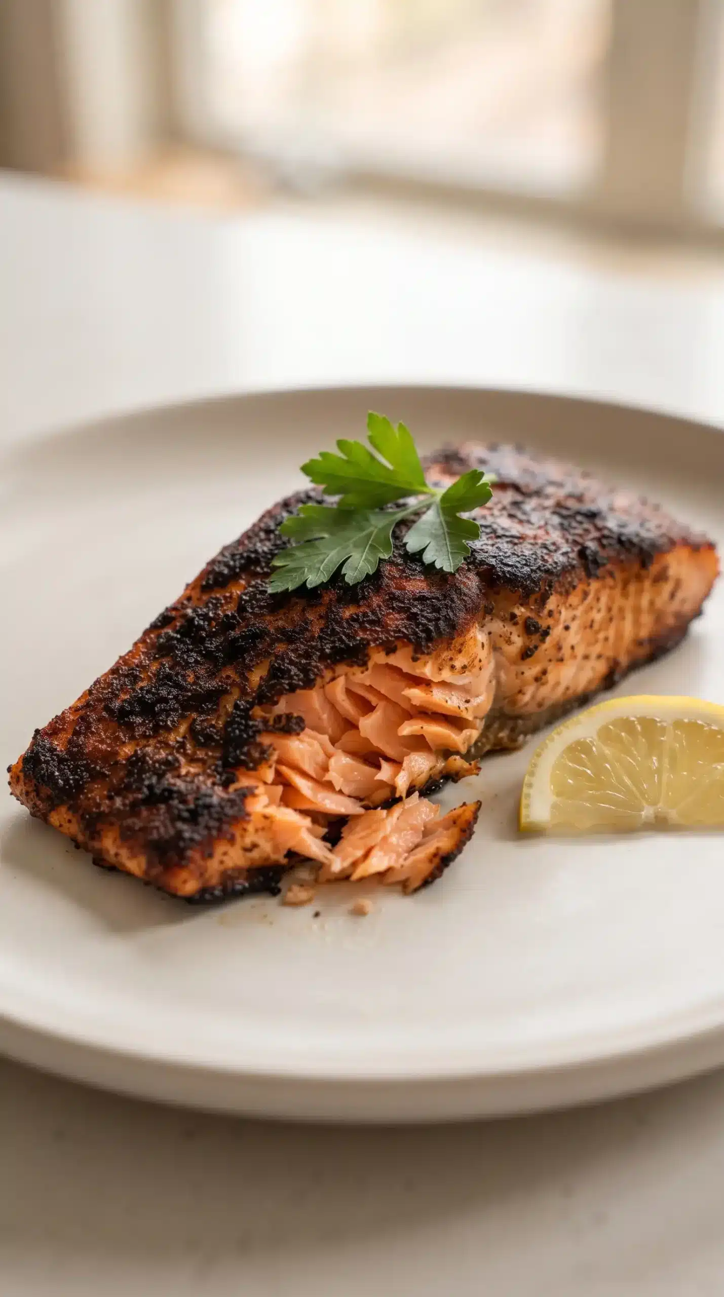 Blackened salmon fillet showing a dark crust and flaky interior with lemon