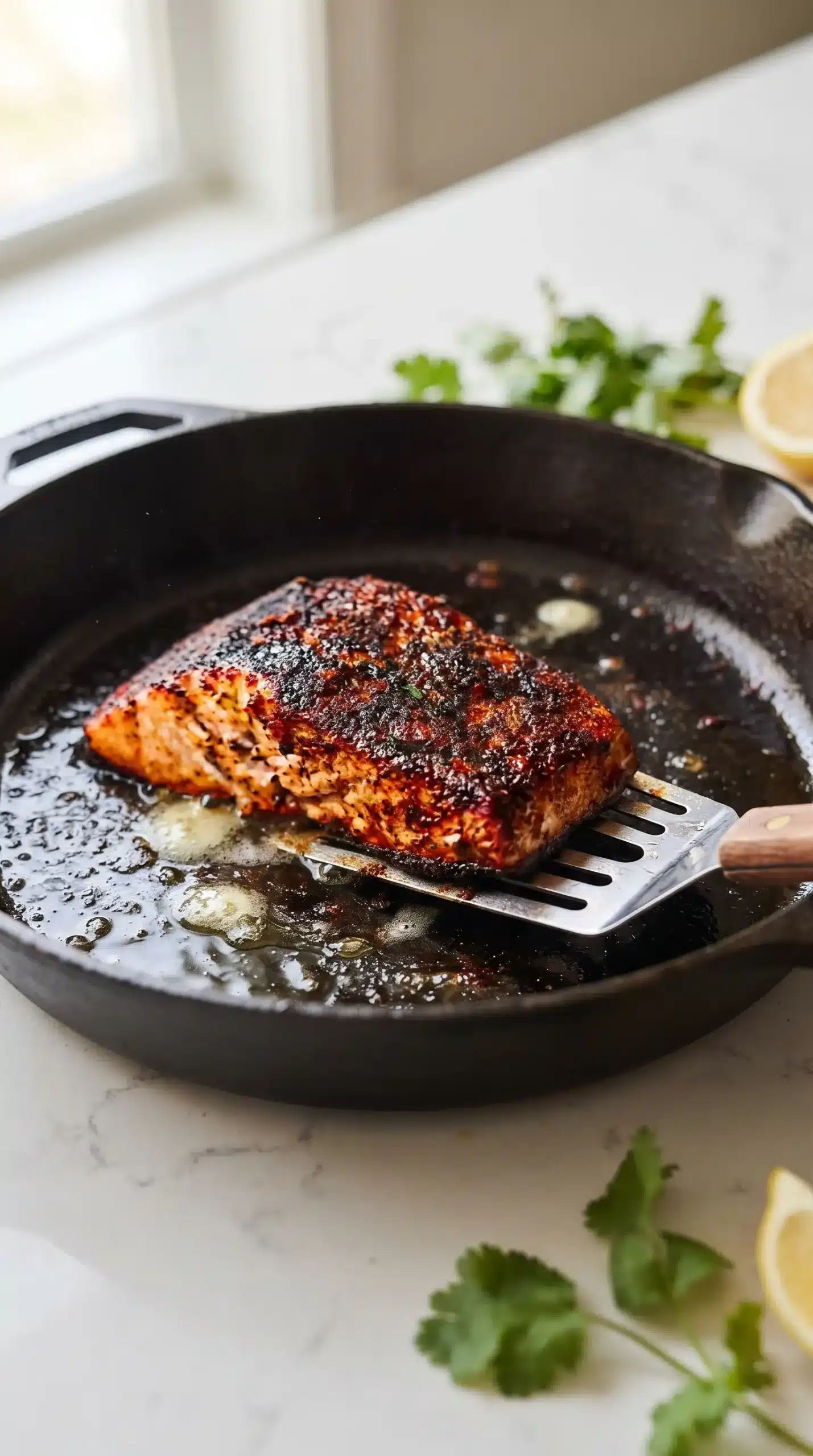 Seasoned salmon fillet searing in a hot cast iron skillet