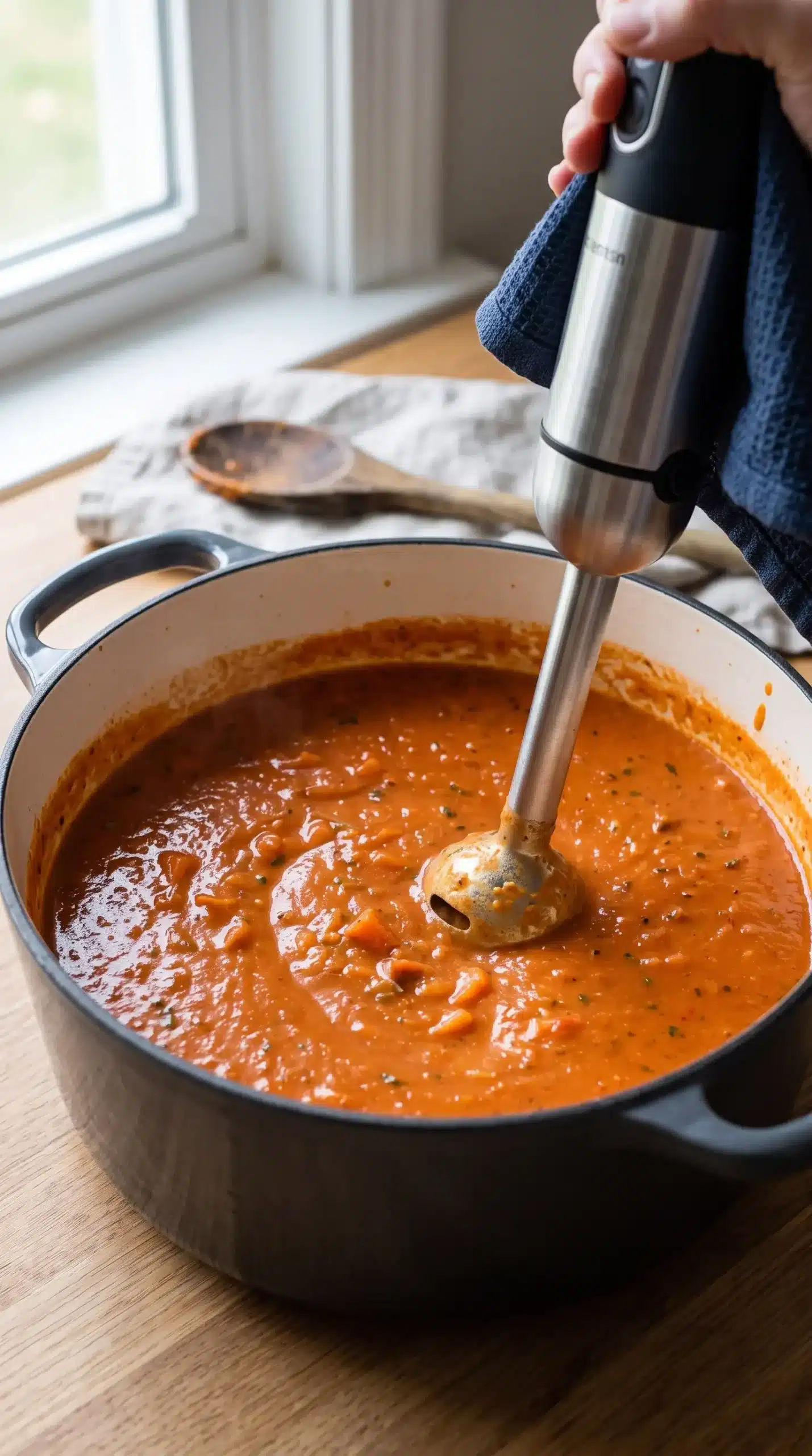Immersion blender creating a smooth texture for creamy tomato soup