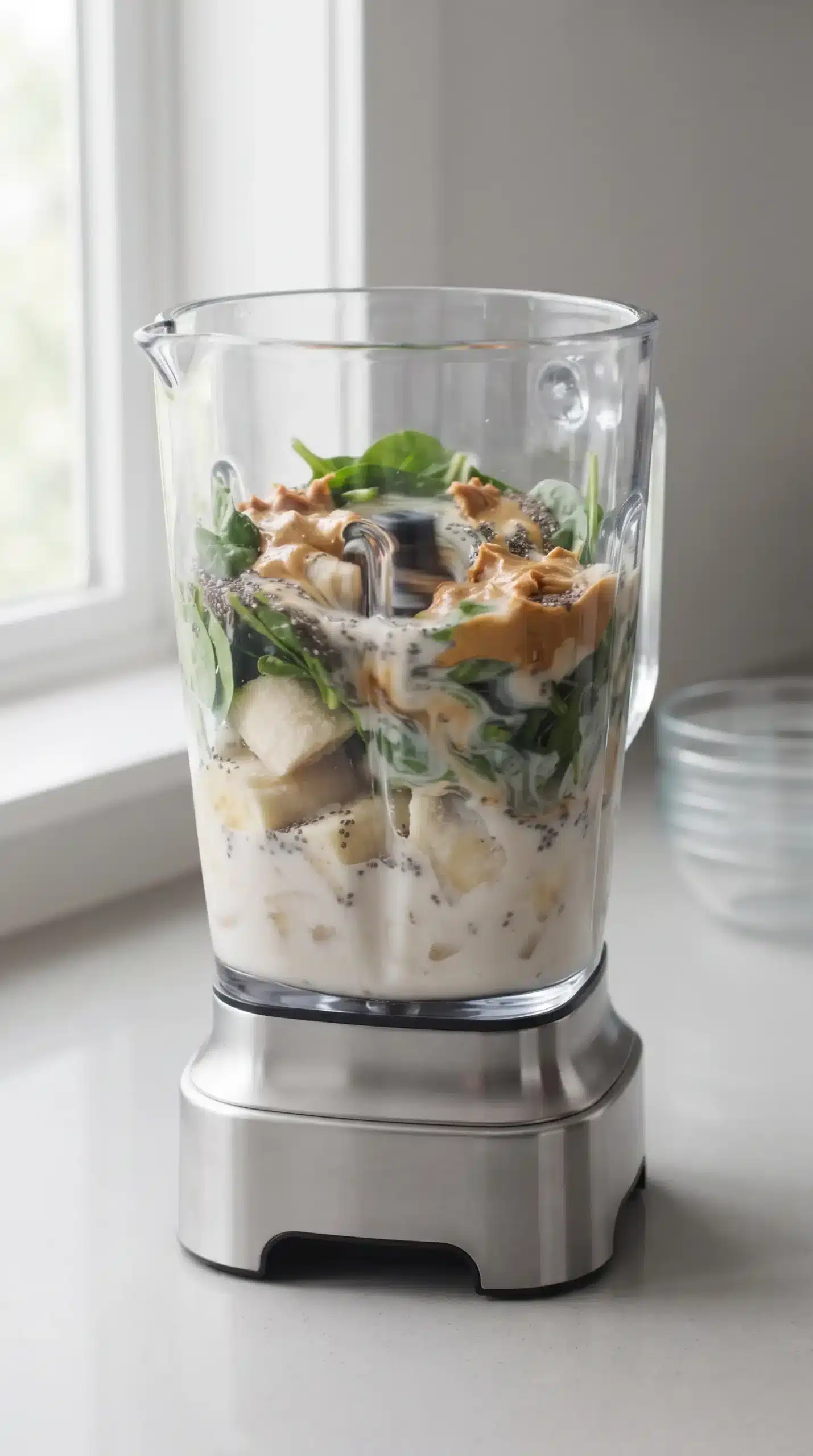 Blender jar combining banana, spinach, chia seeds, peanut butter, and almond milk