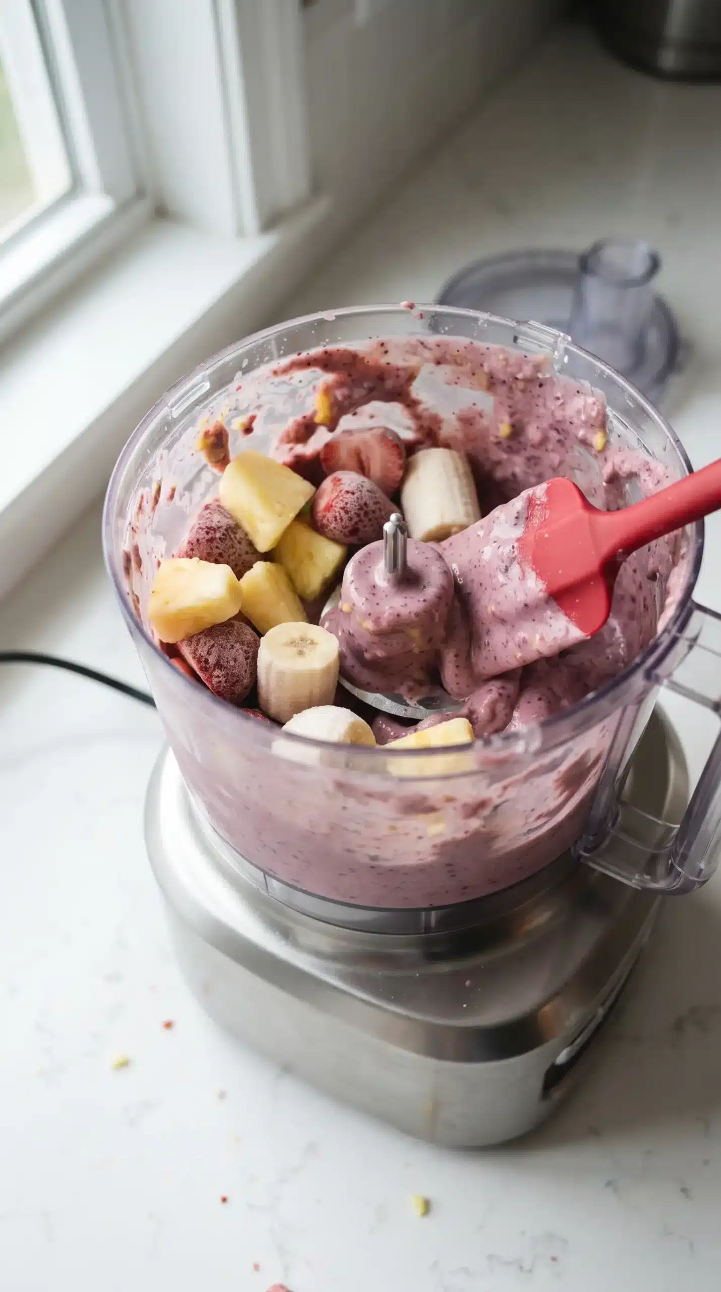 Frozen fruit blended into a thick creamy smoothie bowl base in a food processor