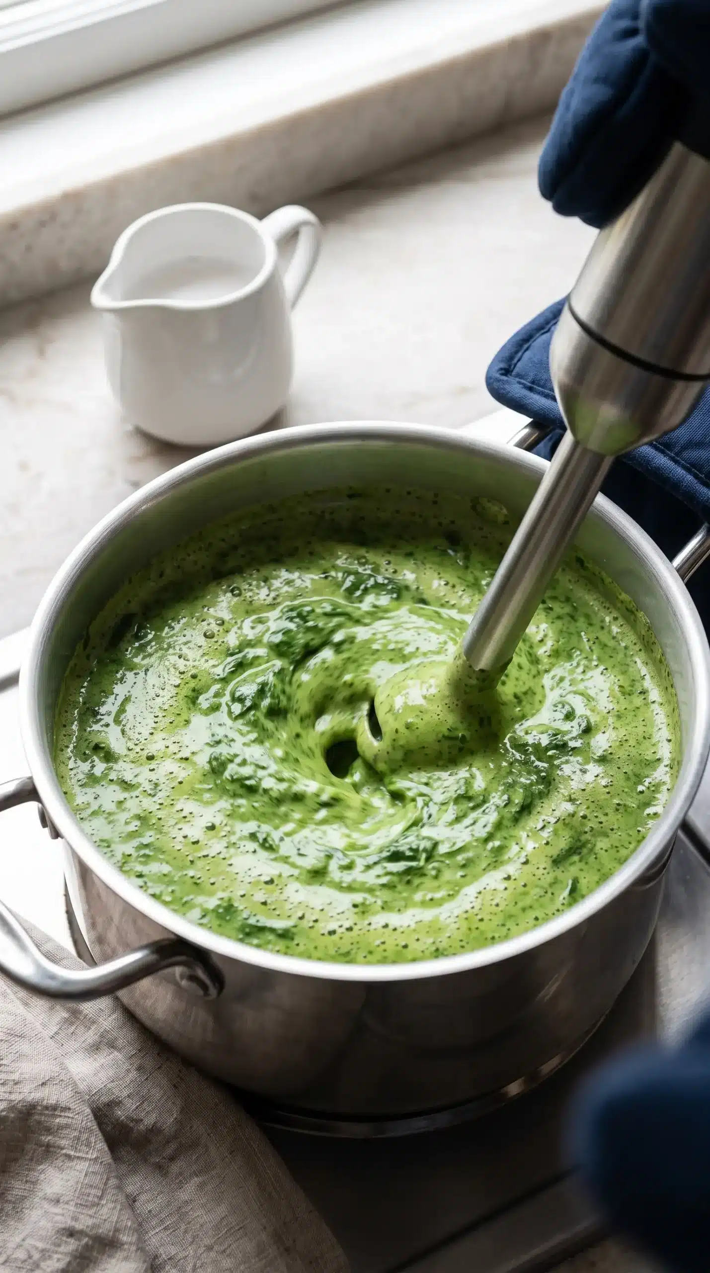Warm herb and spinach soup blended smooth in a pot with an immersion blender beside coconut milk