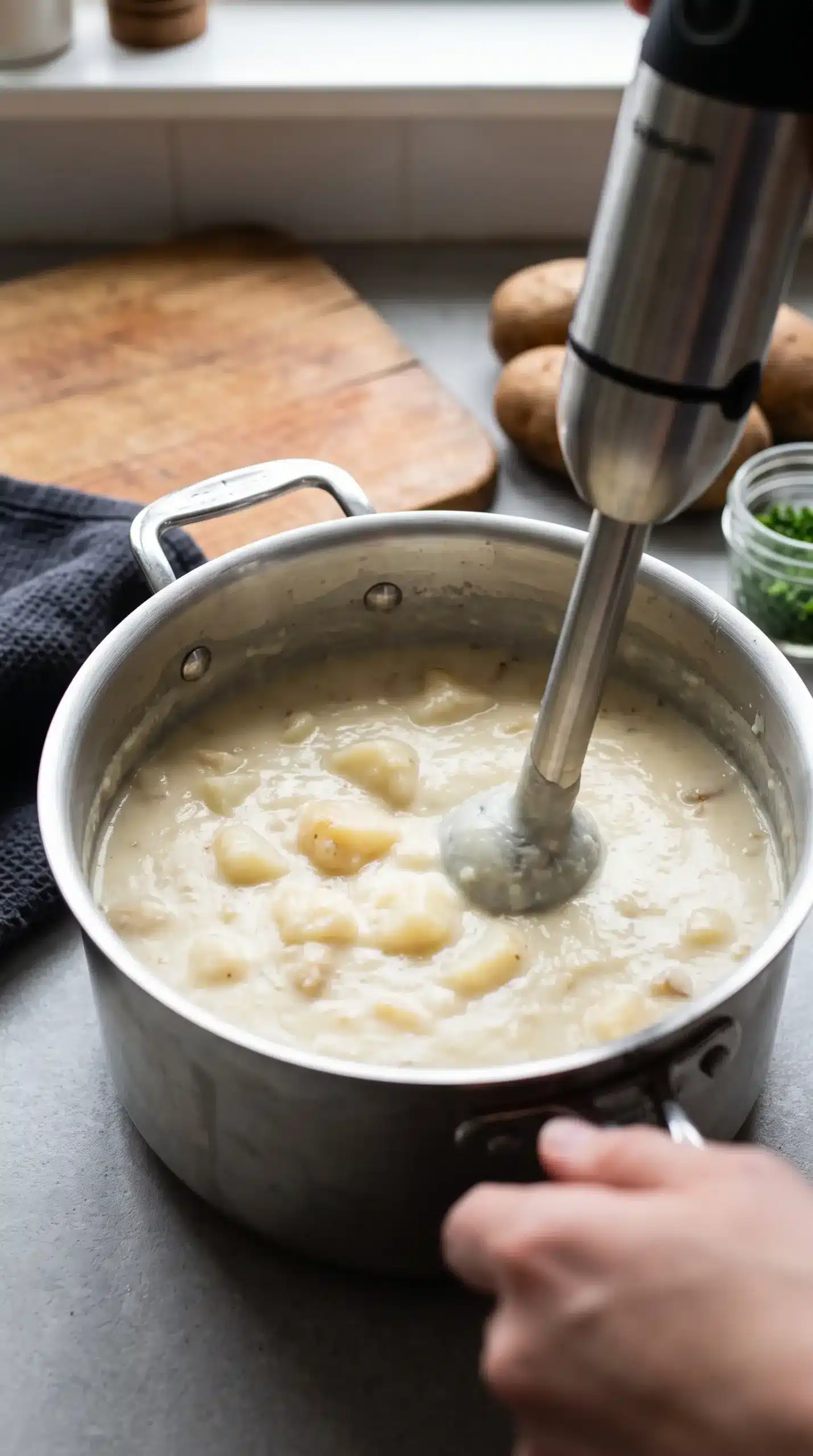 Creamy potato soup being blended with an immersion blender while potato pieces remain