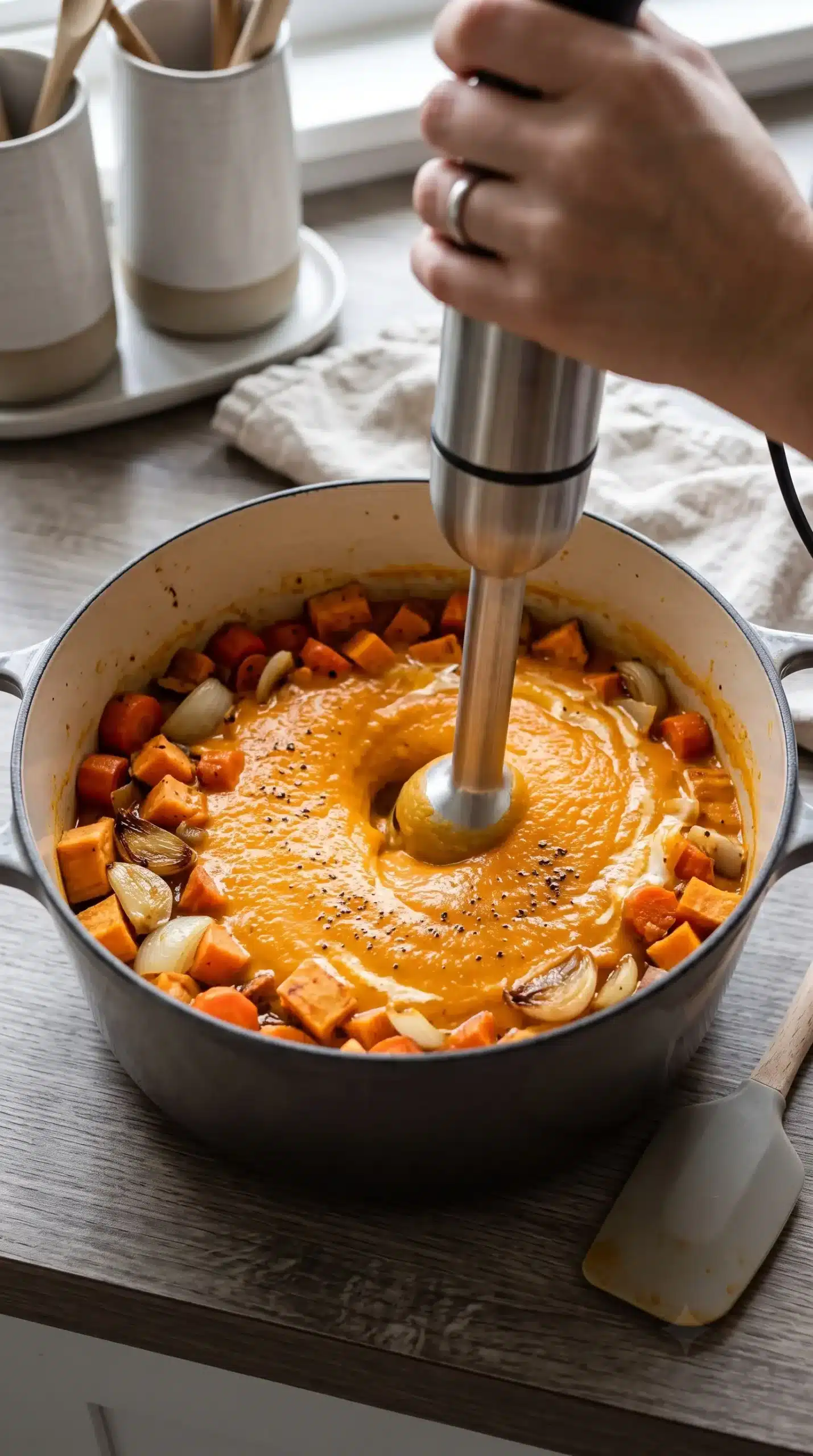 Roasted vegetables blended into a smooth creamy soup in a pot with an immersion blender