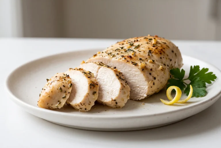 Sliced boneless chicken breast with lemon garlic marinade on a plate with herbs and tender interior