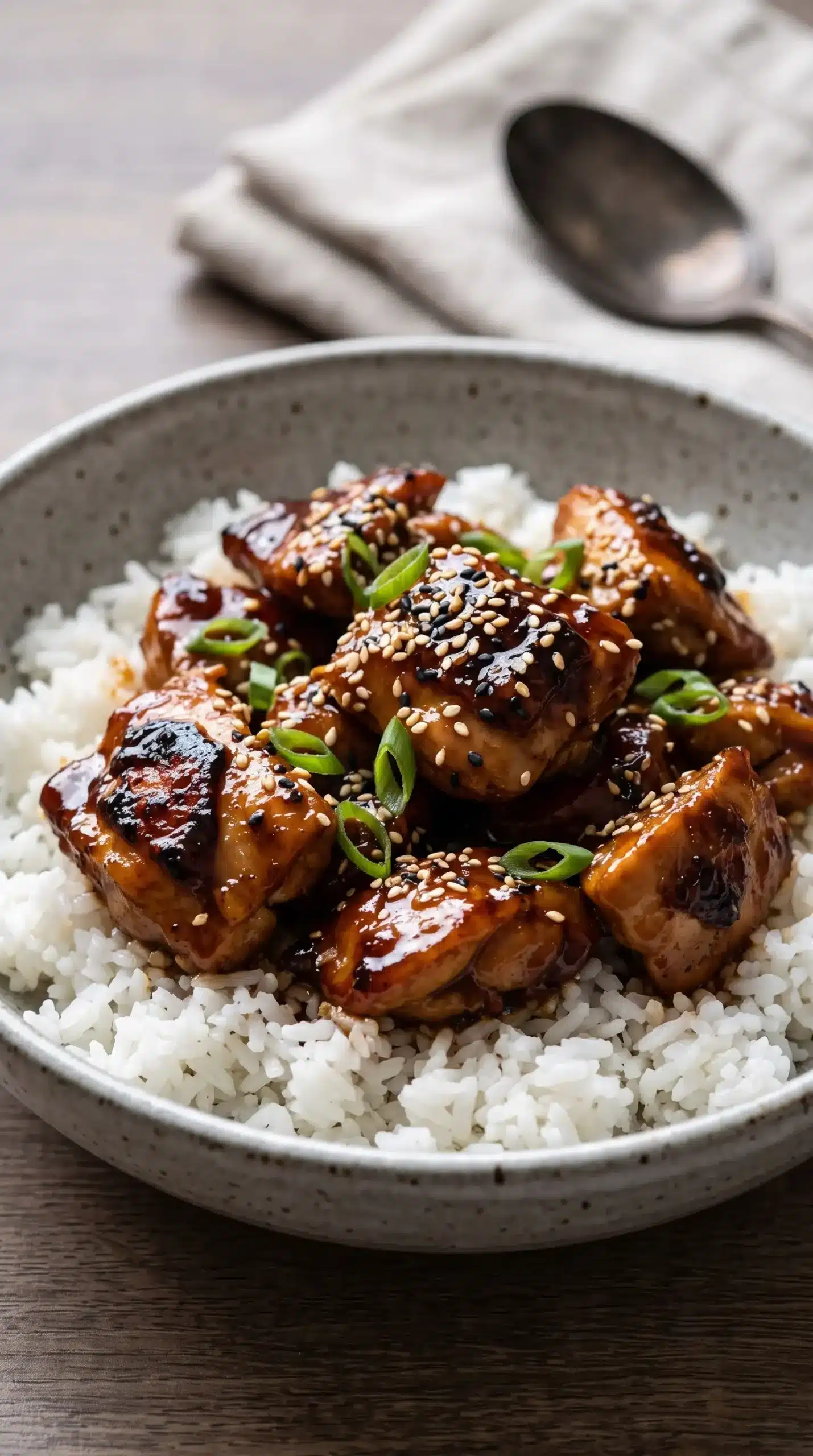 Finished bourbon chicken pieces with glossy glaze served over fluffy white rice