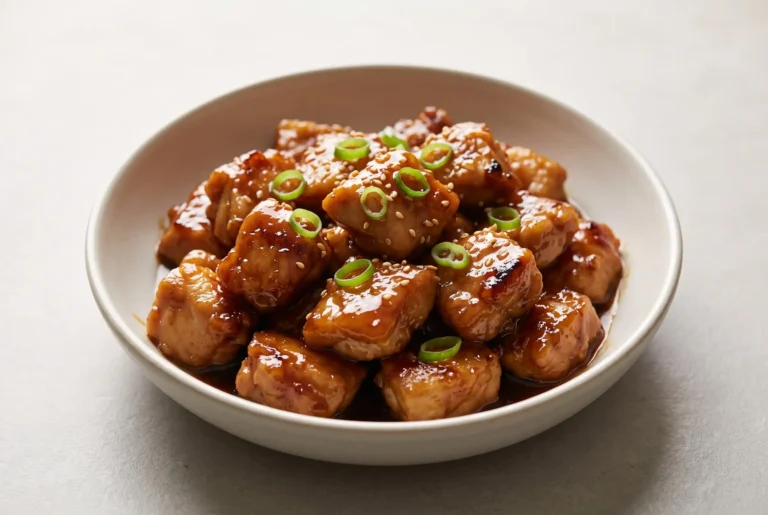 Bourbon chicken recipe with tender glazed chicken pieces in a sticky sweet savory sauce