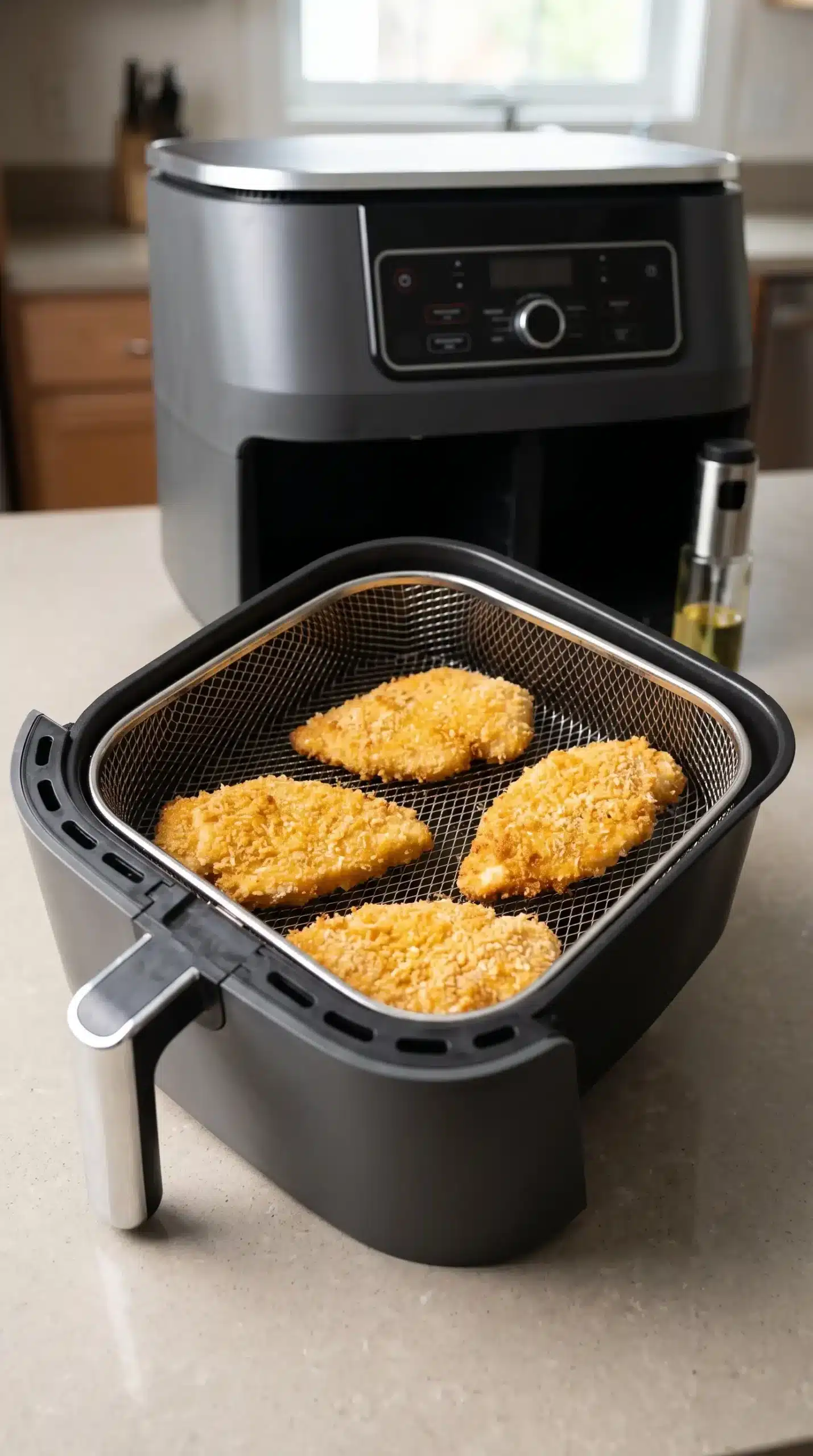 Breaded chicken cutlets spaced in a single layer inside an air fryer basket for even airflow