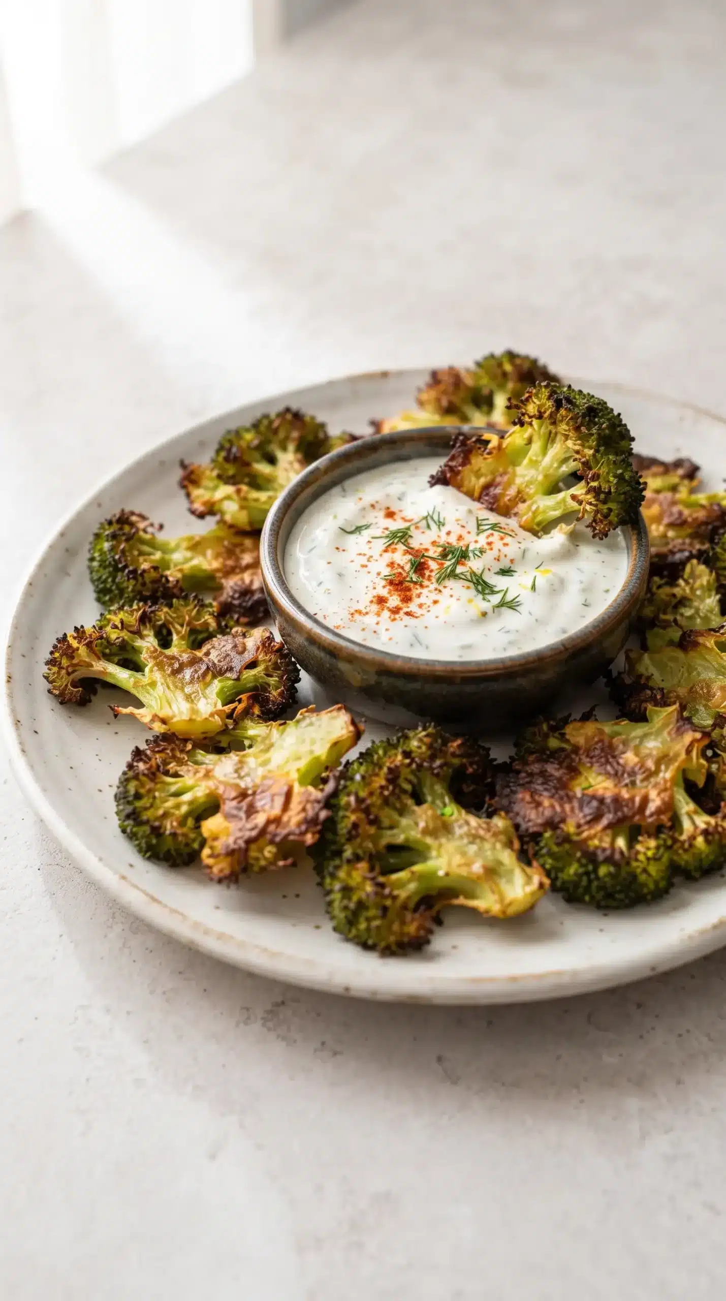 Finished crispy smashed broccoli chips served with lemon Greek yogurt dip