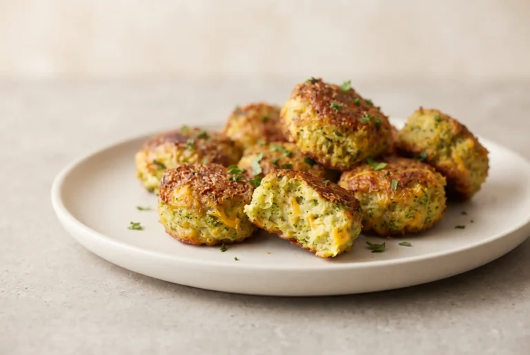 Golden baked broccoli tots with sharp cheddar and almond meal on a ceramic plate