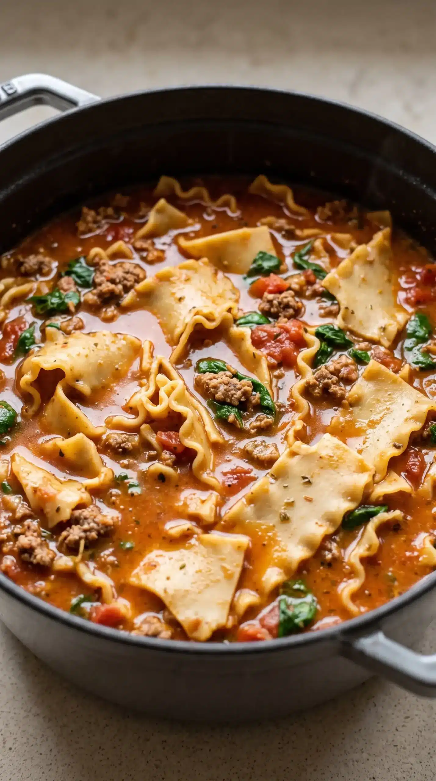 Broken lasagna noodles cooking with beef and spinach in tomato soup