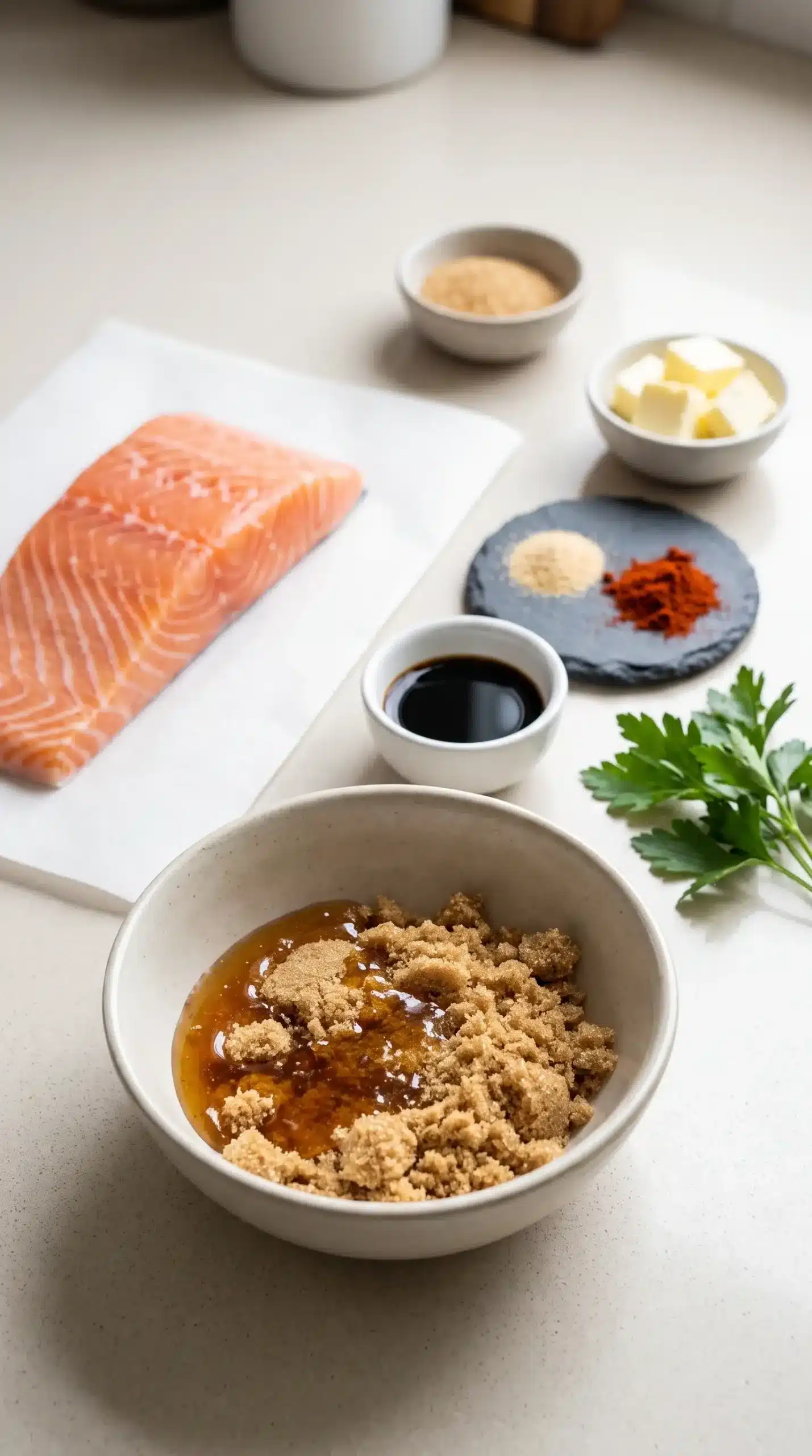 Brown sugar glaze ingredients with salmon fillet ready for preparation