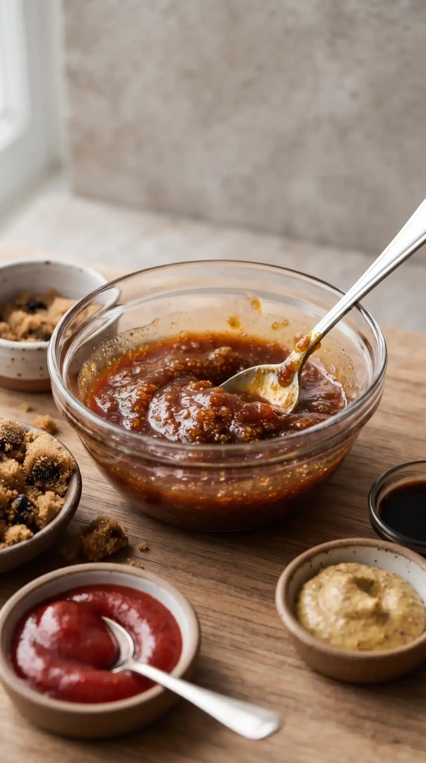 Bowl of brown sugar glaze mixture with ketchup, mustard, and Worcestershire sauce being prepared