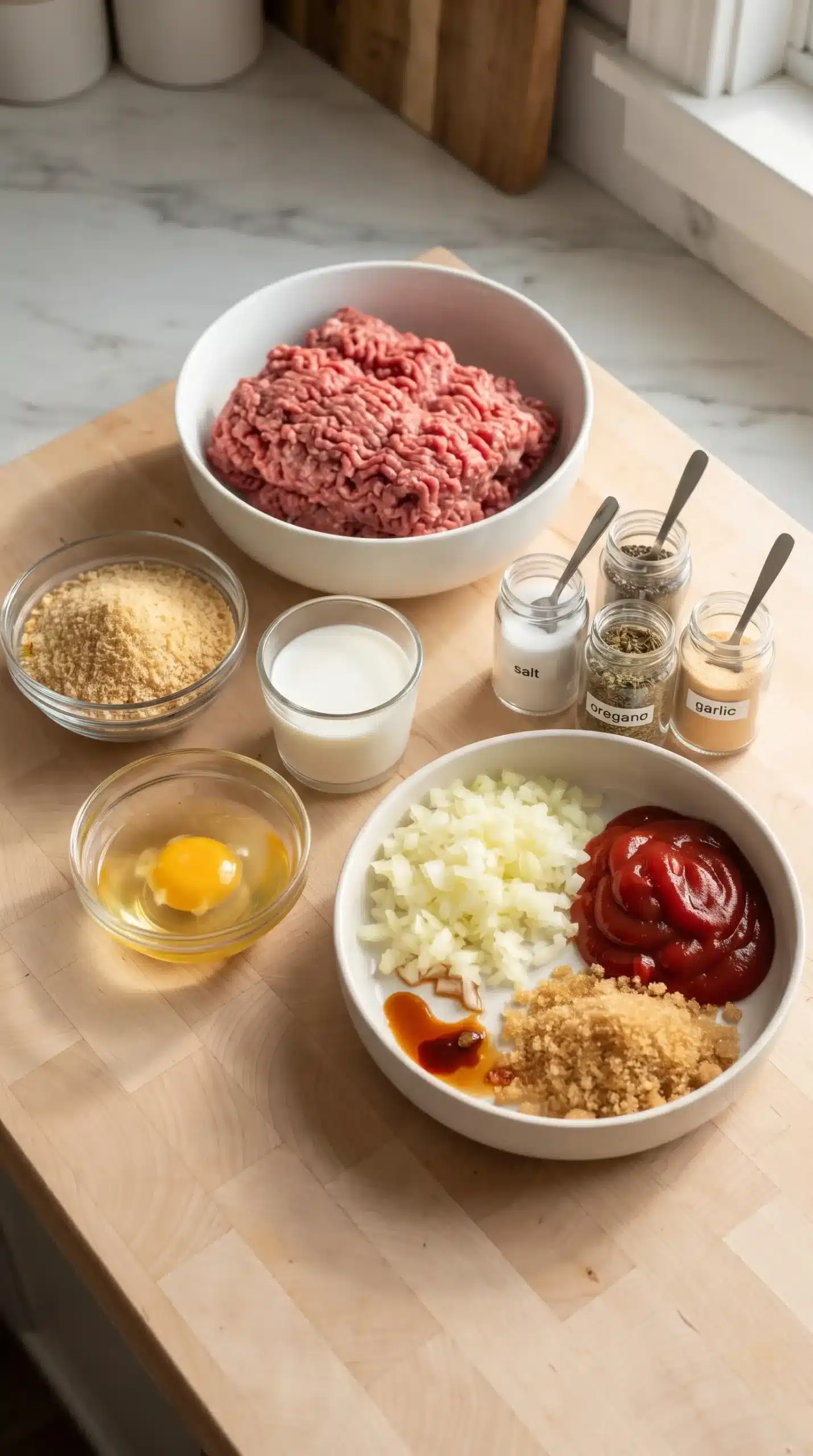 Raw meatloaf ingredients including ground beef, breadcrumbs, onions, glaze ingredients, and seasonings