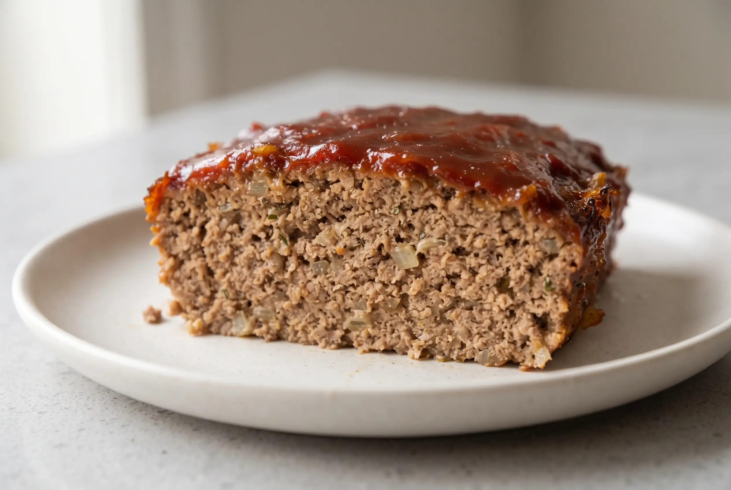 Brown sugar meatloaf slice with glossy sweet and tangy glaze on a neutral plate