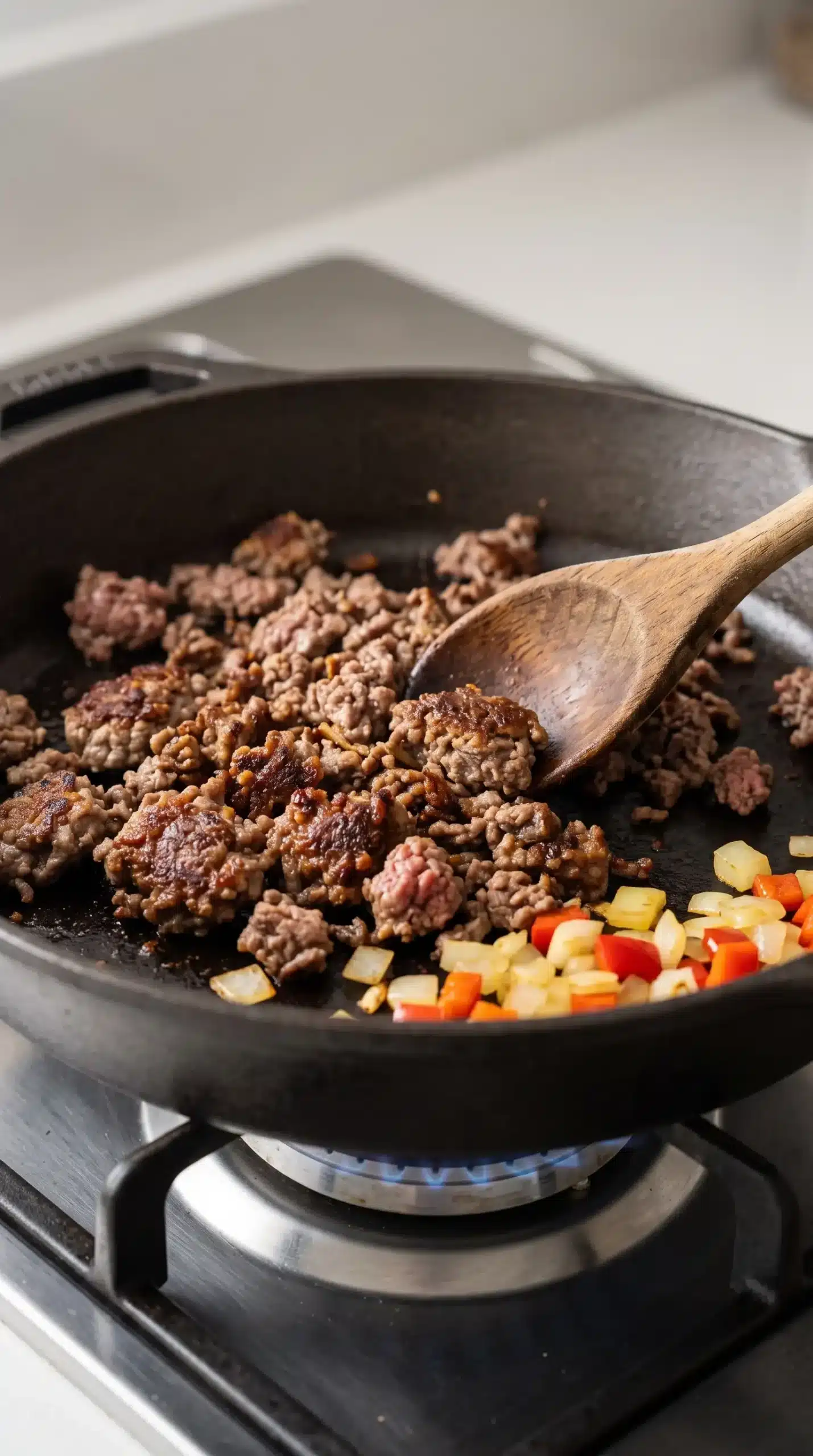 Beef mince browning in a skillet to create crispy texture for chilli beef rice