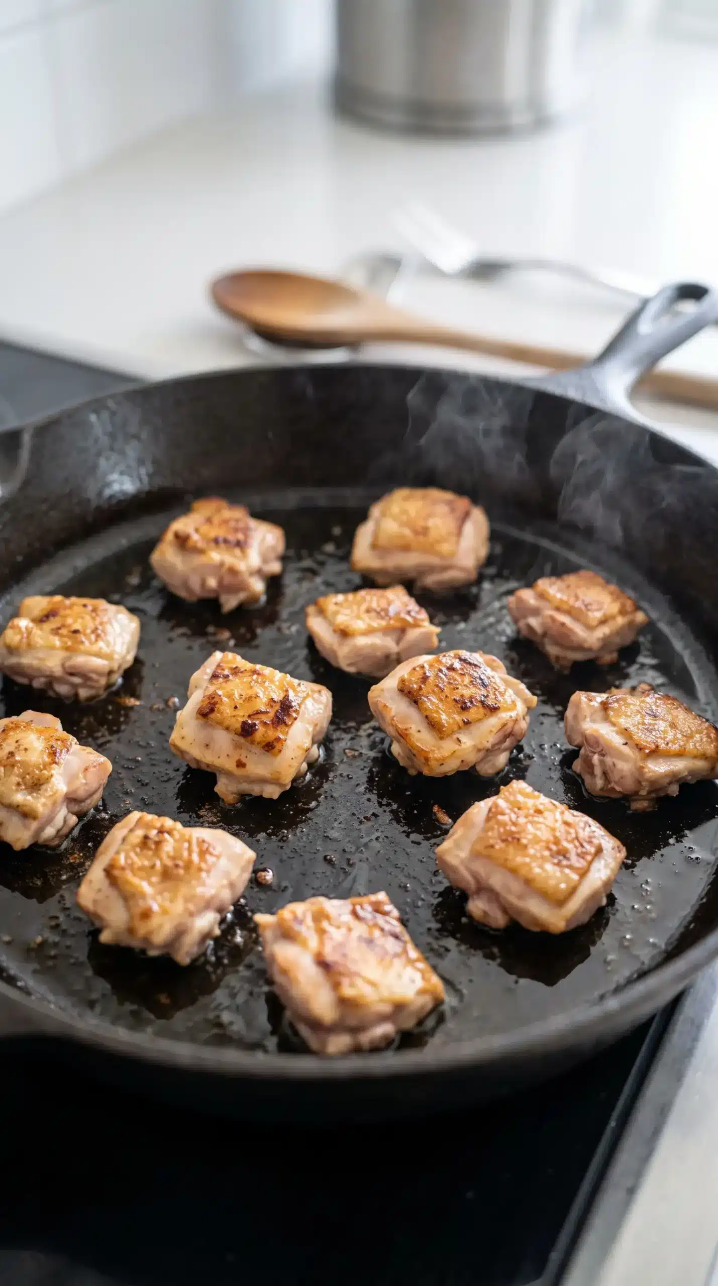 Bite-sized bourbon chicken pieces browning in a skillet with caramelized edges