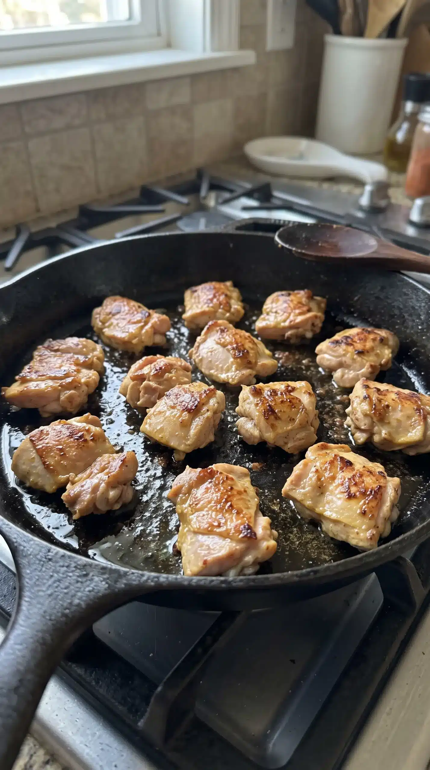 Chicken thigh pieces browning in a skillet before butter chicken sauce